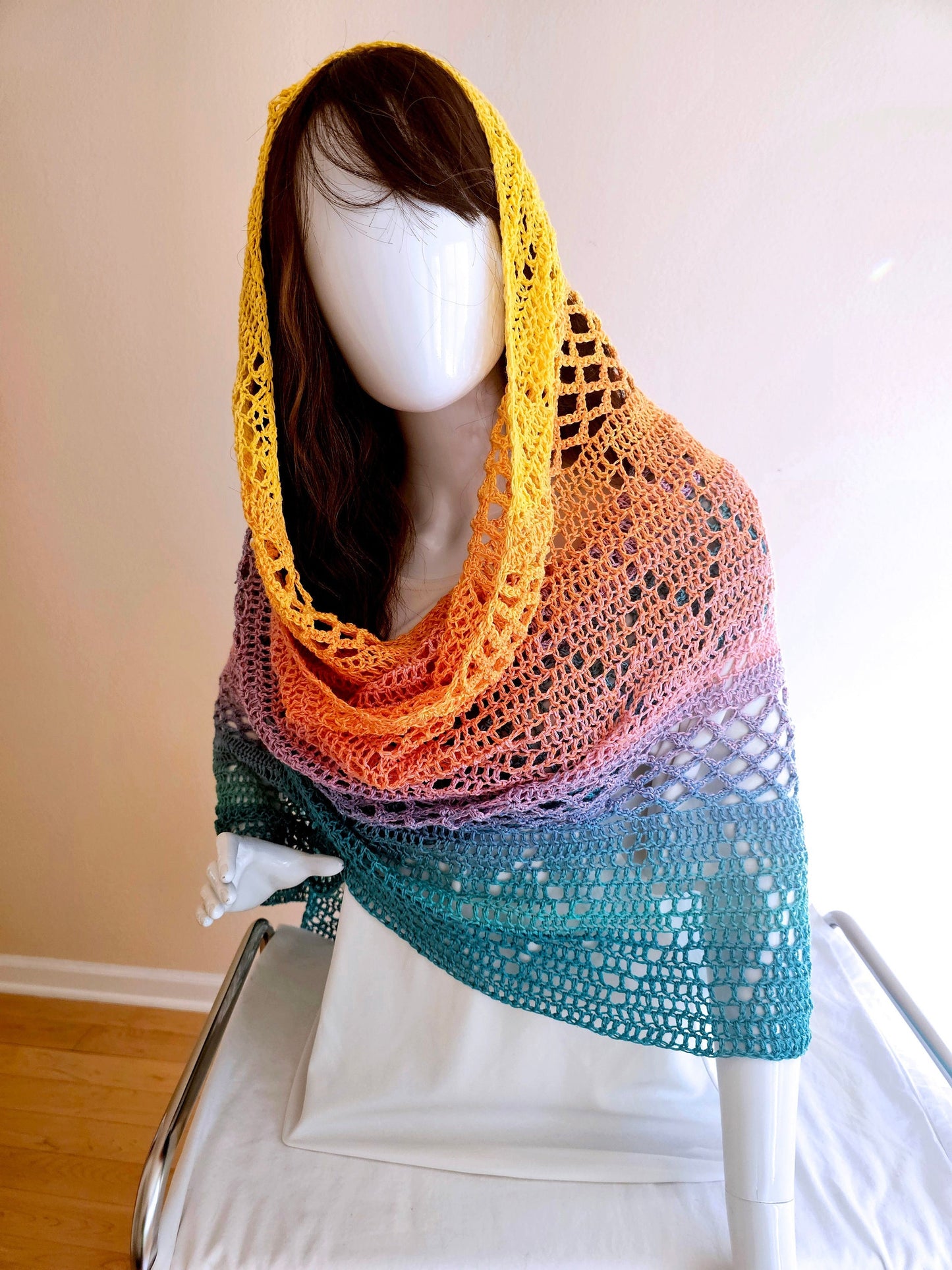 Oversize Crochet Shawl. Tropical Colors Wrap. Lacy Beach Coverup. Gift for Her. Cotton Blend Shawl. Handcrafted Summer Wrap. Triangle Shawl.