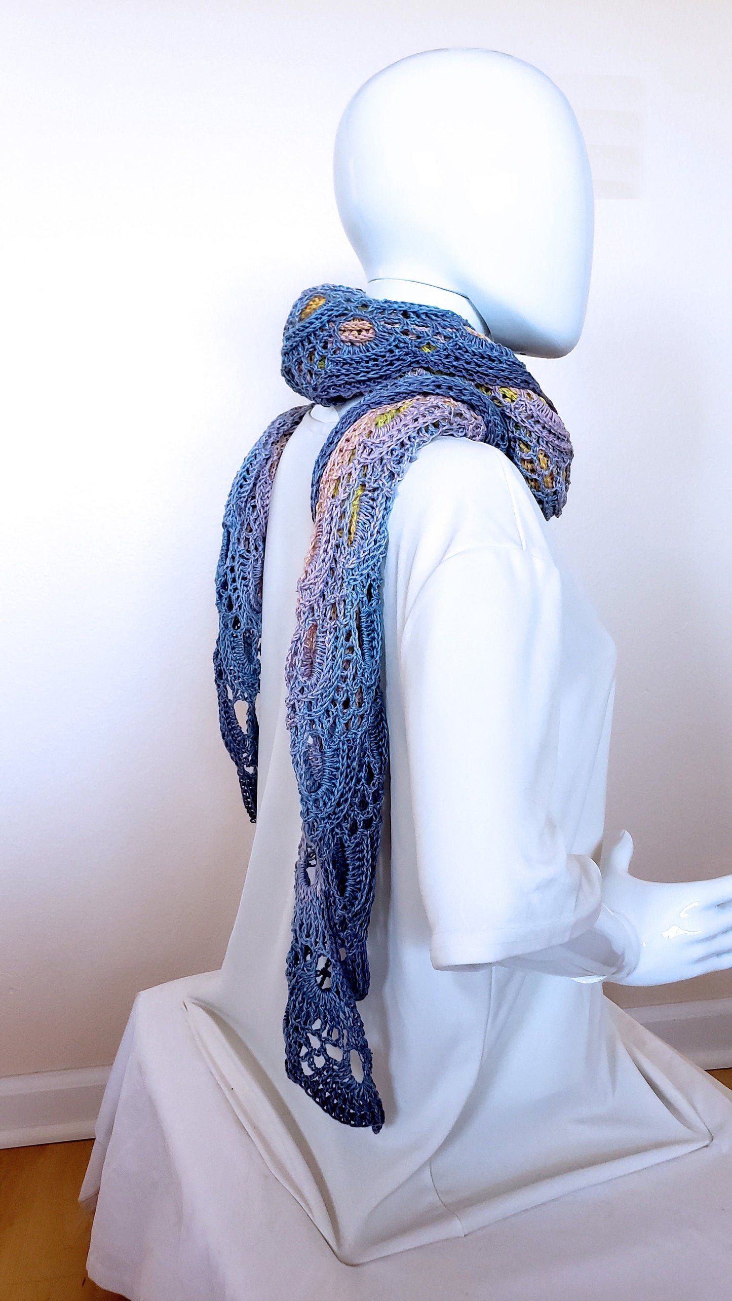 Crochet wrap. Lacy cover up. Triangular shawl. Pastel gradient wrap. Boho shawl. Spring summer accessory. 76 x 34 inches. Gift for her.