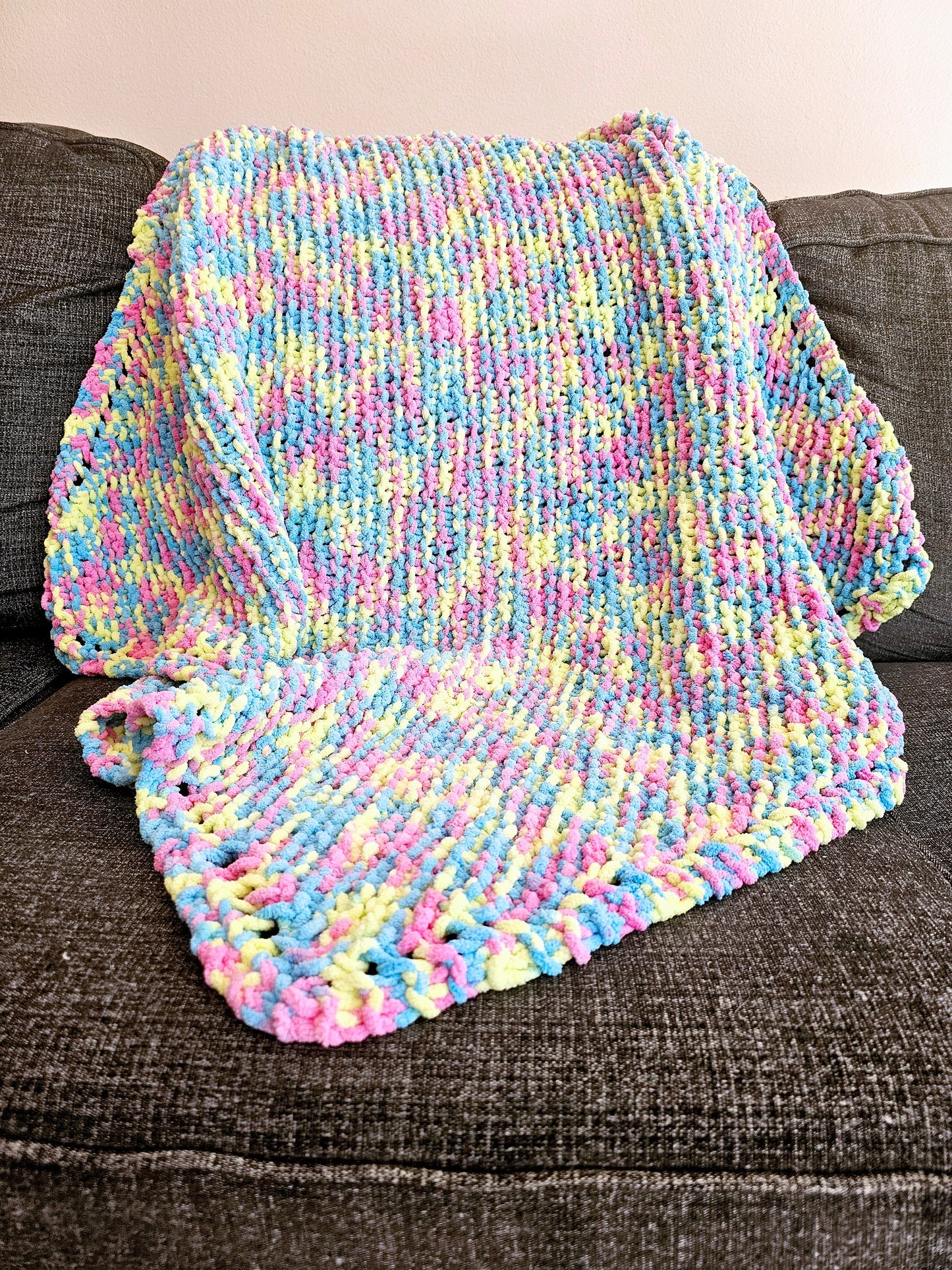 Colorful Knitted Baby Blanket. Cozy Lapghan. Super Soft Throw. Cuddly Chenille Blanket. Gender-Neutral Baby Shower Gift. Yellow, Pink, Blue.