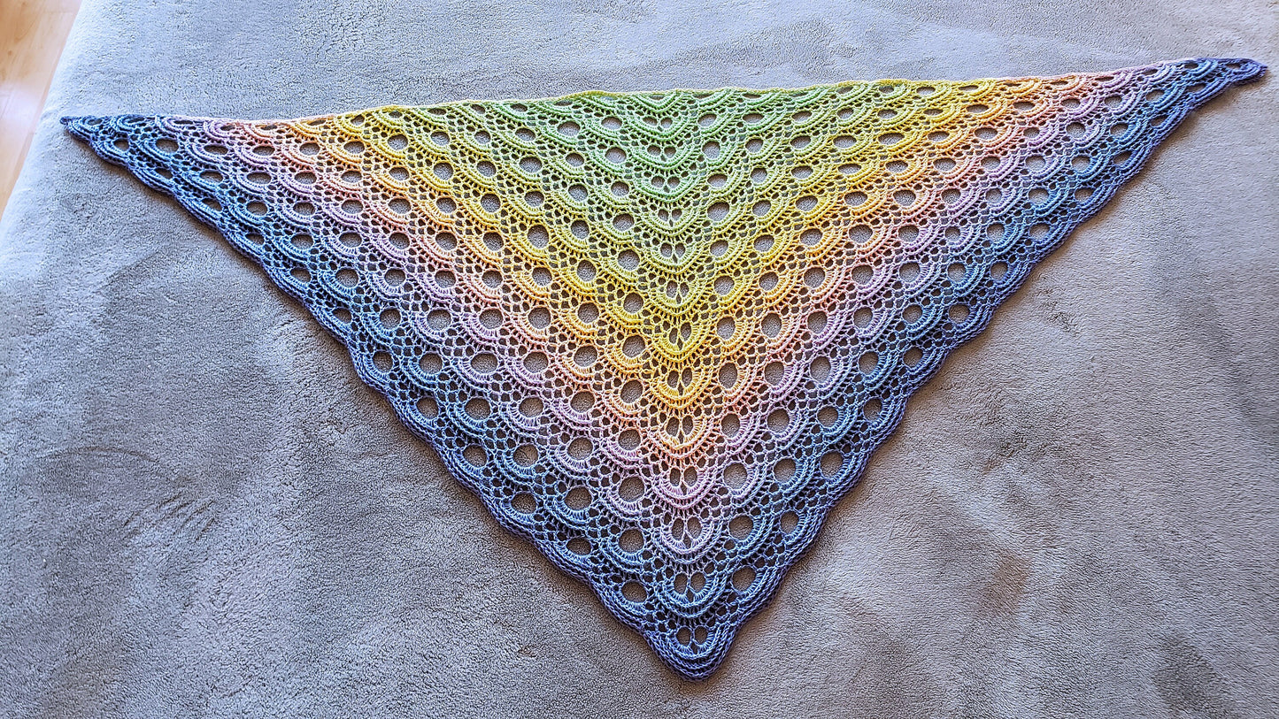 Crochet wrap. Lacy cover up. Triangular shawl. Pastel gradient wrap. Boho shawl. Spring summer accessory. 76 x 34 inches. Gift for her.