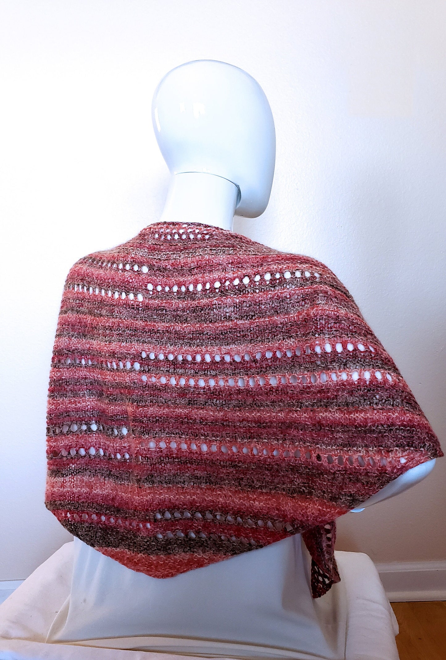 Lacy Semi-circular Shawl. Hand knit shawlette. Pink, brown, coral shawl. Angora blend scarf. Light and Lacy Striped Wrap. Women's Gift.