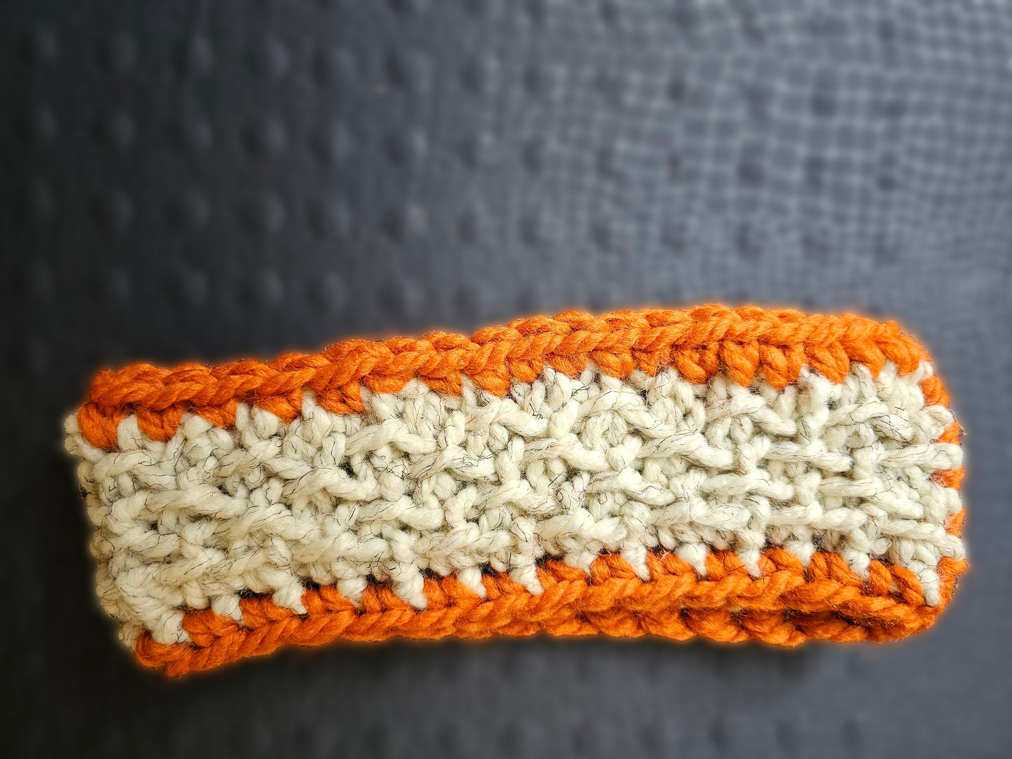 Wool Blend Ear Warmer. Crochet Headband. Handmade Headwear. Pumpkin and Cream. Adult size headband. Unisex Gifts. Hand Knit Ear Warmer.