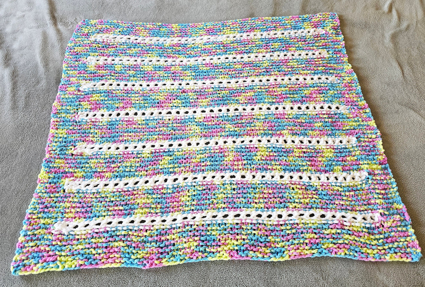 Super Soft Hand Knit Baby Afghan. Chenille Lapghan. Baby Shower Gift. Cozy Toddler Comforter. Blue, Pink, Yellow and White Crib Blanket.