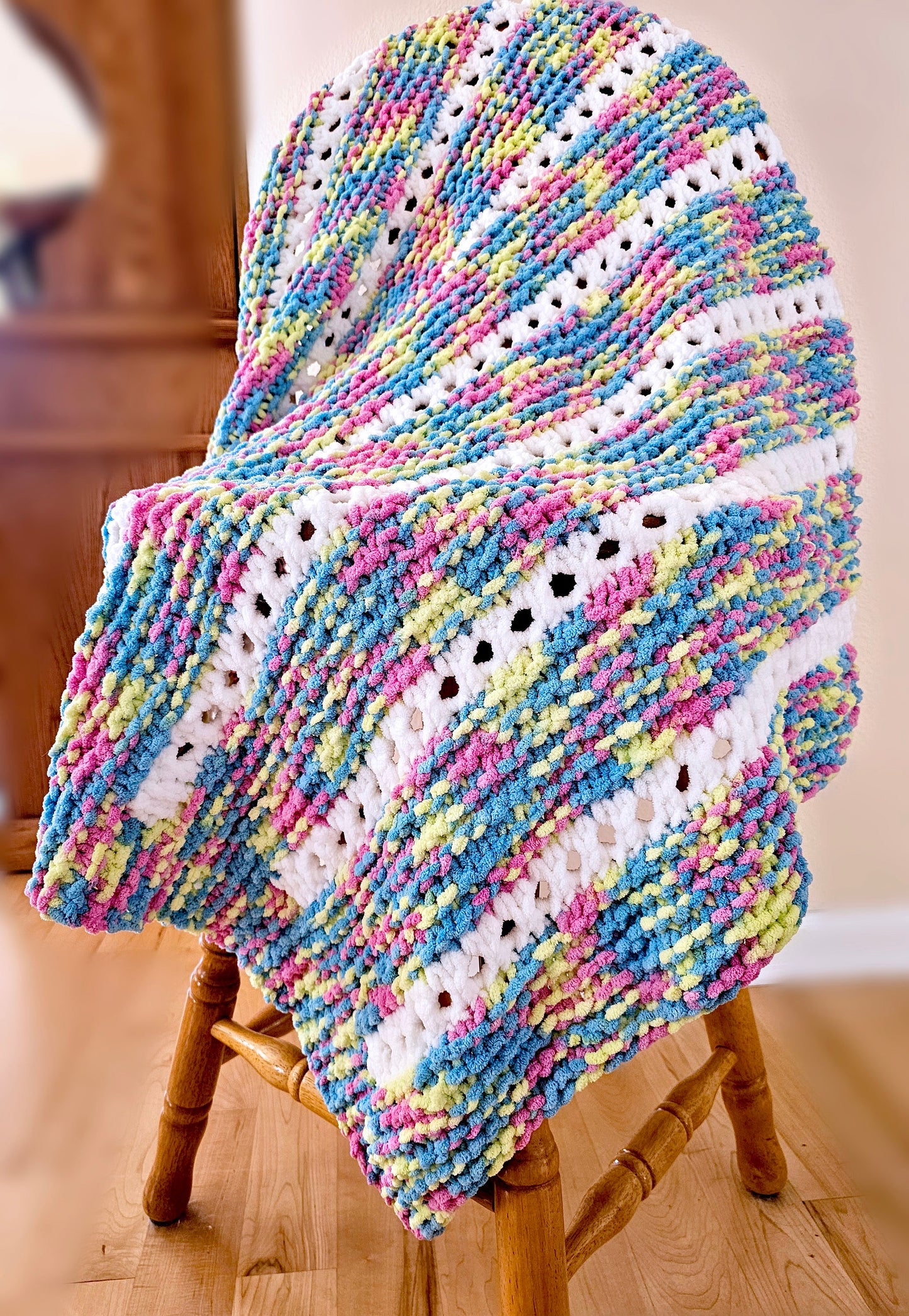Super Soft Hand Knit Baby Afghan. Chenille Lapghan. Baby Shower Gift. Cozy Toddler Comforter. Blue, Pink, Yellow and White Crib Blanket.