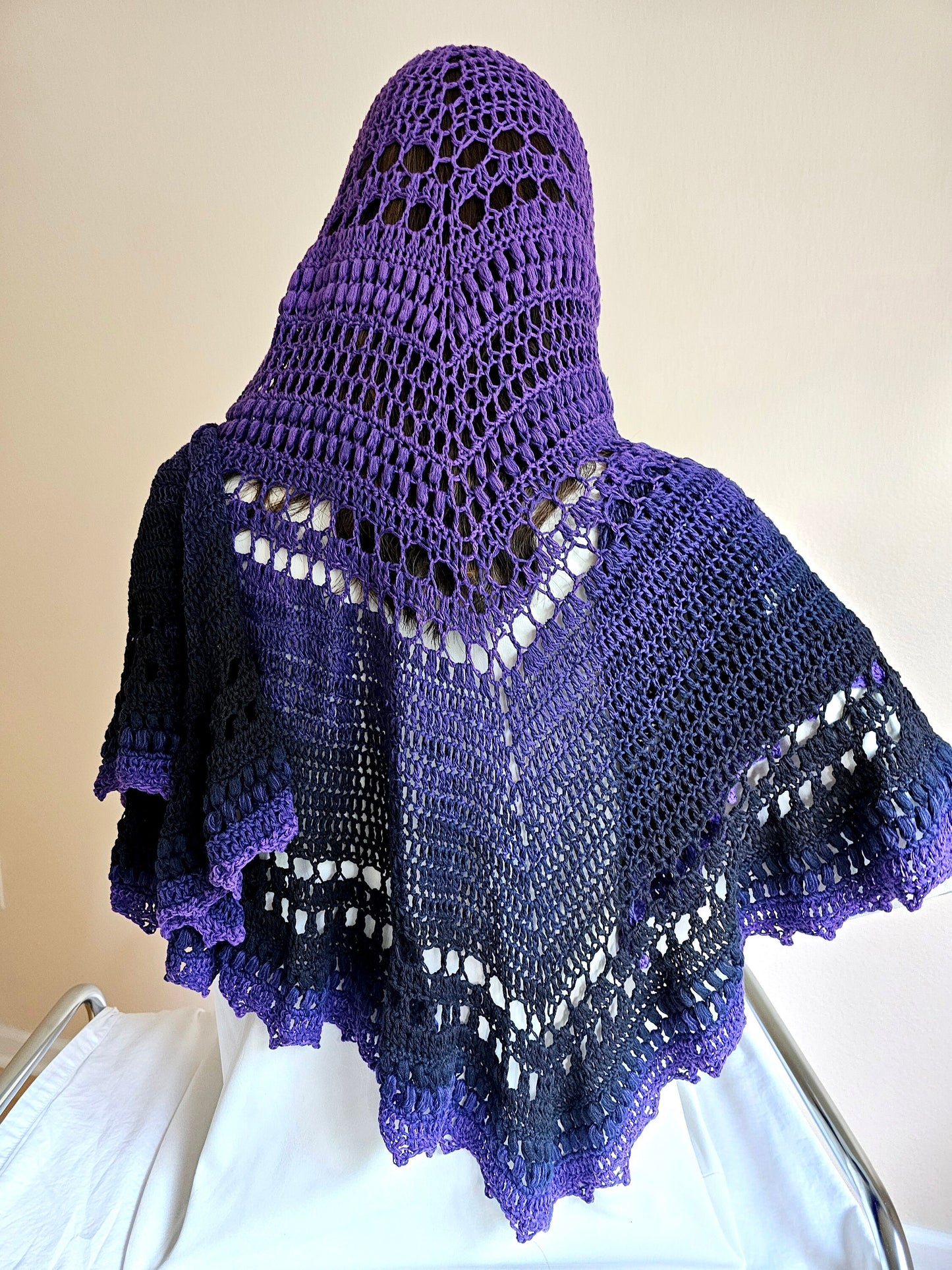 Triangular Shawl. Crochet Cotton Wrap. Large shawl. Winter scarf cotton. Whimsigoth wrap. Three season shawl. Gift for Her. Purple Black.