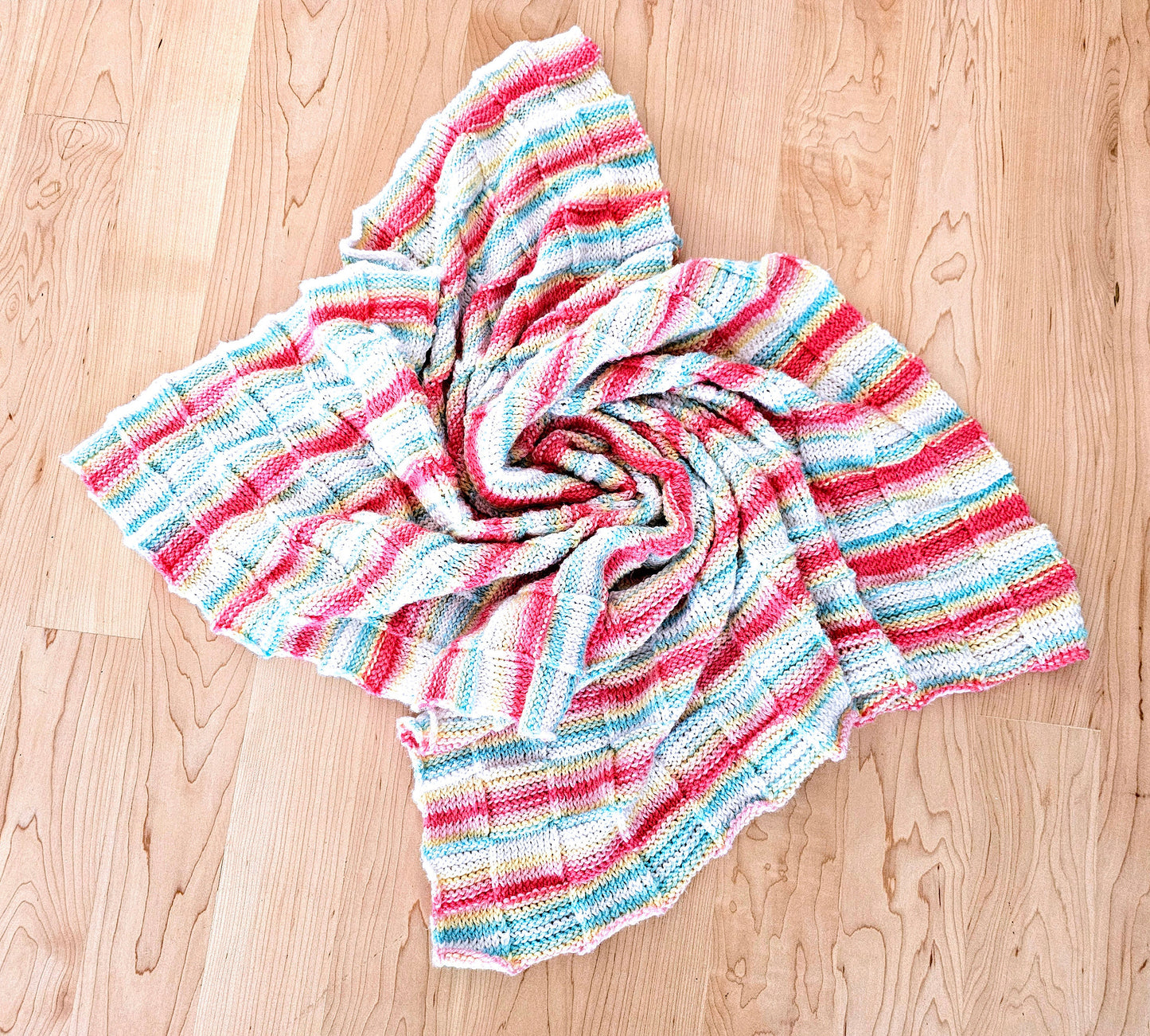 Caribbean Checkerboard Baby Blanket. Hand Knit Afghan. Baby Shower Gift. Cuddly soft blanket. Turquoise, Coral, Pink, White Striped Afghan.