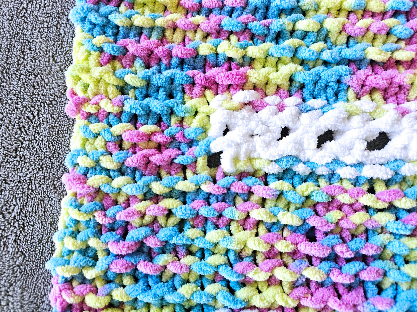 Super Soft Hand Knit Baby Afghan. Chenille Lapghan. Baby Shower Gift. Cozy Toddler Comforter. Blue, Pink, Yellow and White Crib Blanket.