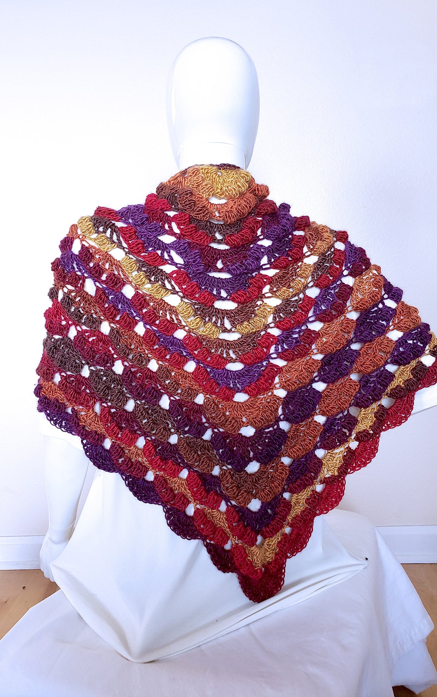 Triangular Shawl. Crochet wrap. 3-Season shawl. Textured shawl. Oversize wrap. Gift for Women. Lacy Multicolor Wrap. Unique chic shawl.