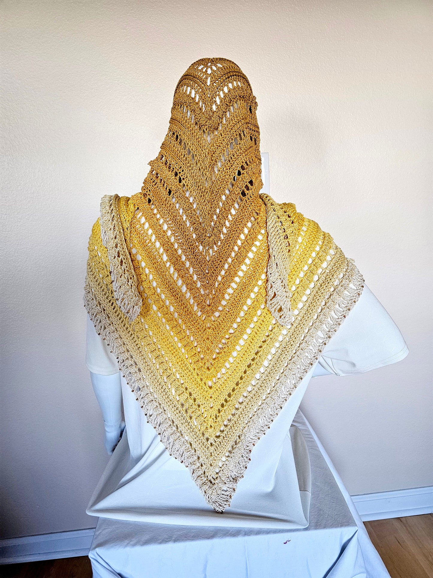 Hand Crochet Wrap. Wedding shawl. Bridesmaid wrap. Prom accessory. Beaded shawl. Princess wrap. Bridal stole. Gift for her. Gold and Cream.