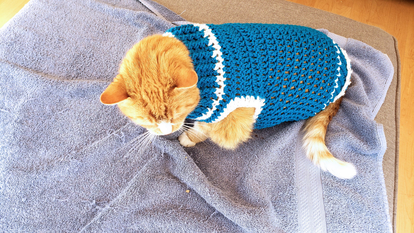 Cat Sweater. Kitty Cozy. Dog Sweater. Pet clothing. Crochet Pet Turtleneck. Puppy Cozy. Blue and White. Fur Baby Sweater. Pet Owner Gift.