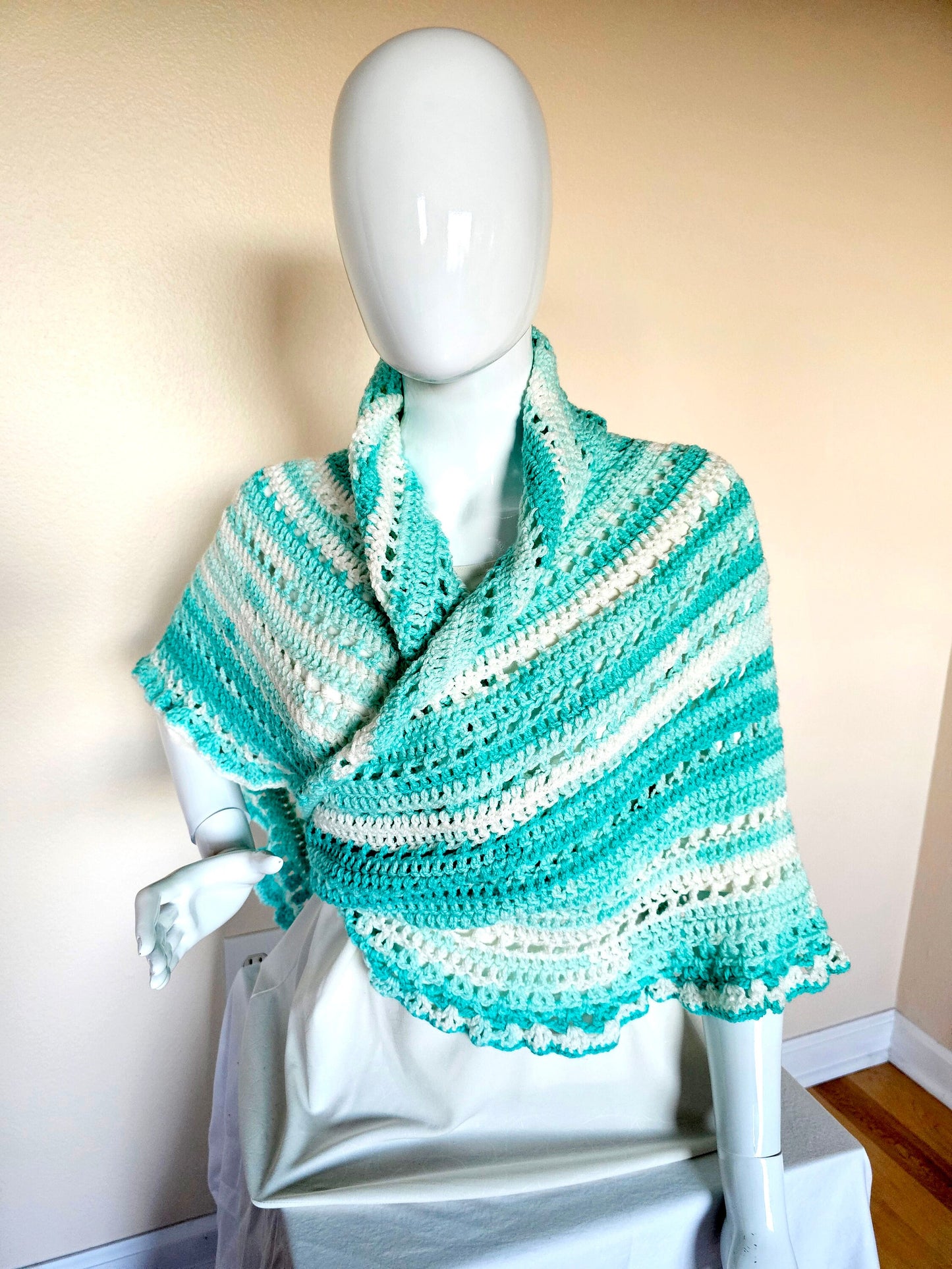 Triangular Shawl. Crochet wrap. 3-Season shawl. Ruffled shawl. Oversize wrap. Gift for Women. Striped Acrylic Wrap. Unique chic shawl.