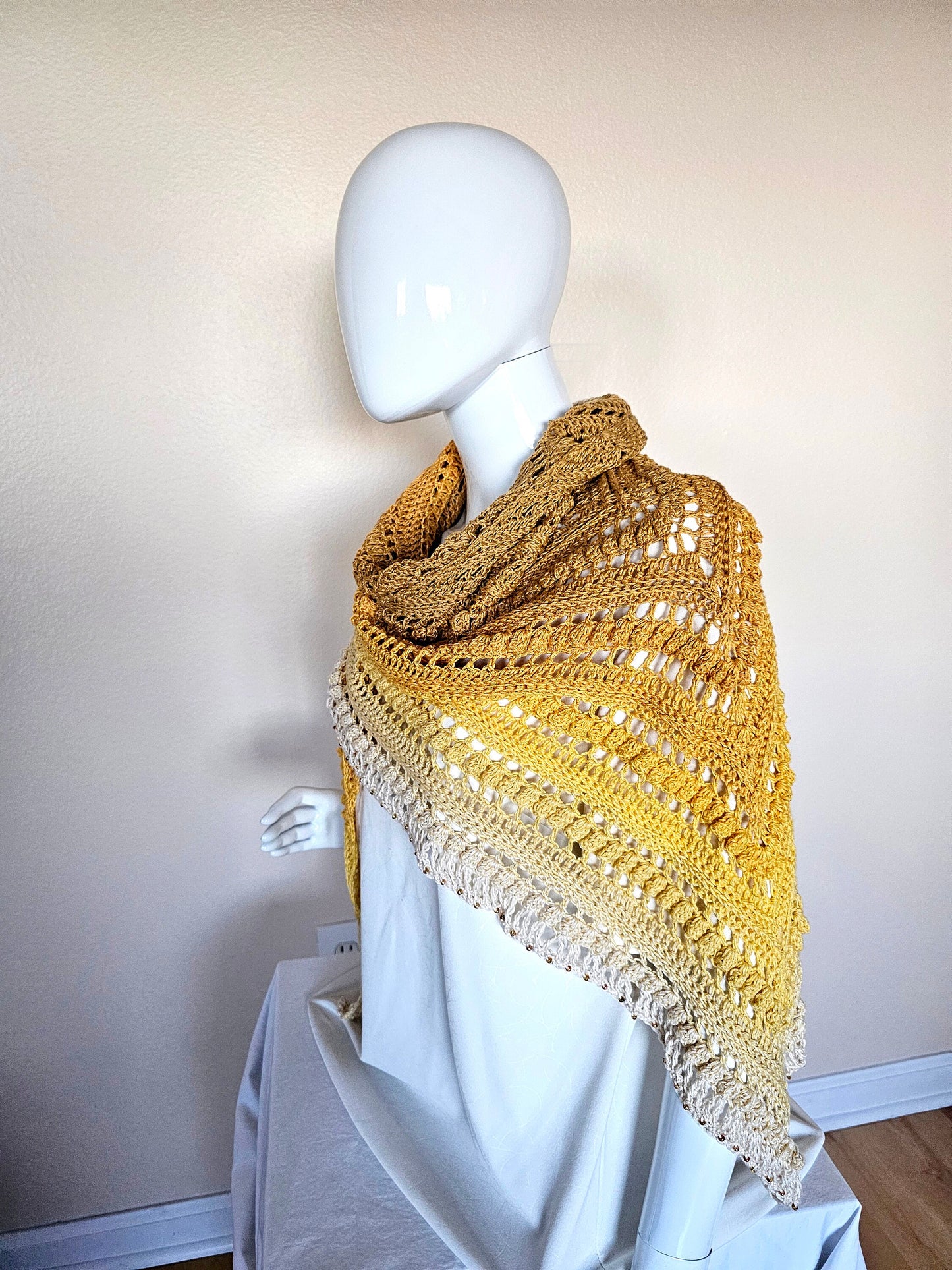 Hand Crochet Wrap. Wedding shawl. Bridesmaid wrap. Prom accessory. Beaded shawl. Princess wrap. Bridal stole. Gift for her. Gold and Cream.