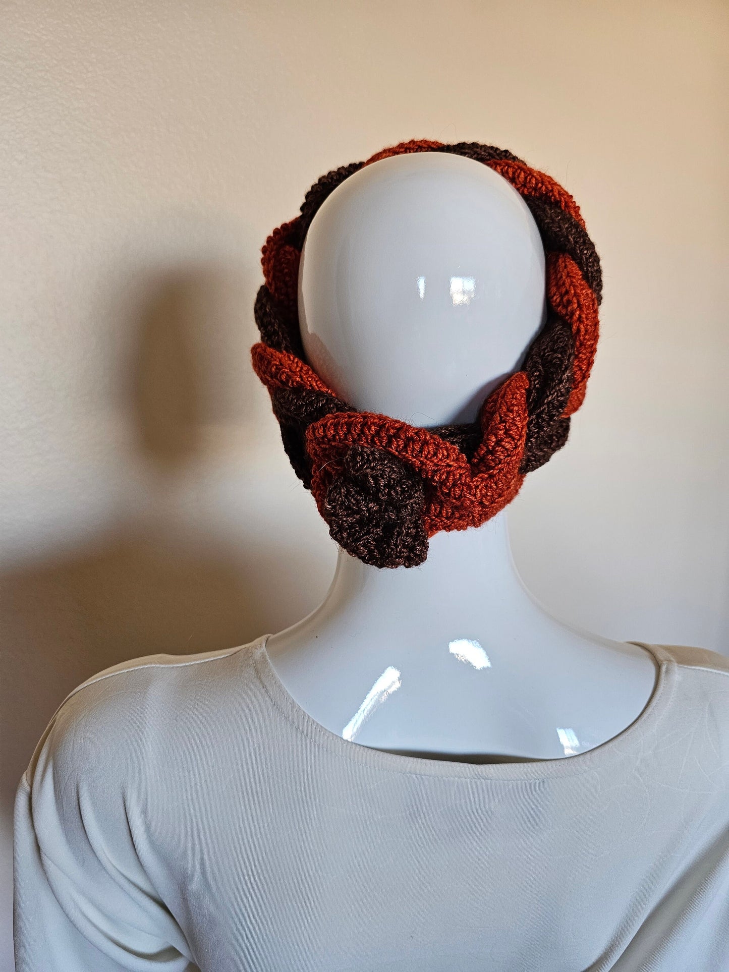 Chocolate and Pumpkin Headband. Braided Wool Headband. Crochet ear warmer. Boho headband. Handmade hair accessory. Winter ear covering.