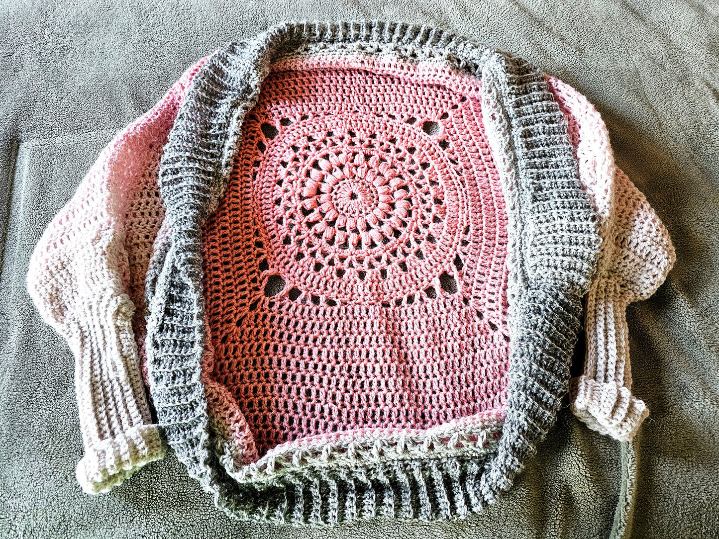 Mandala Cardigan. Crochet Shrug. Cocoon Cardigan. Pink and Gray Sweater. Alpaca Cocoon. Sleeved Shrug. Super Soft Cardigan. Gift for her.