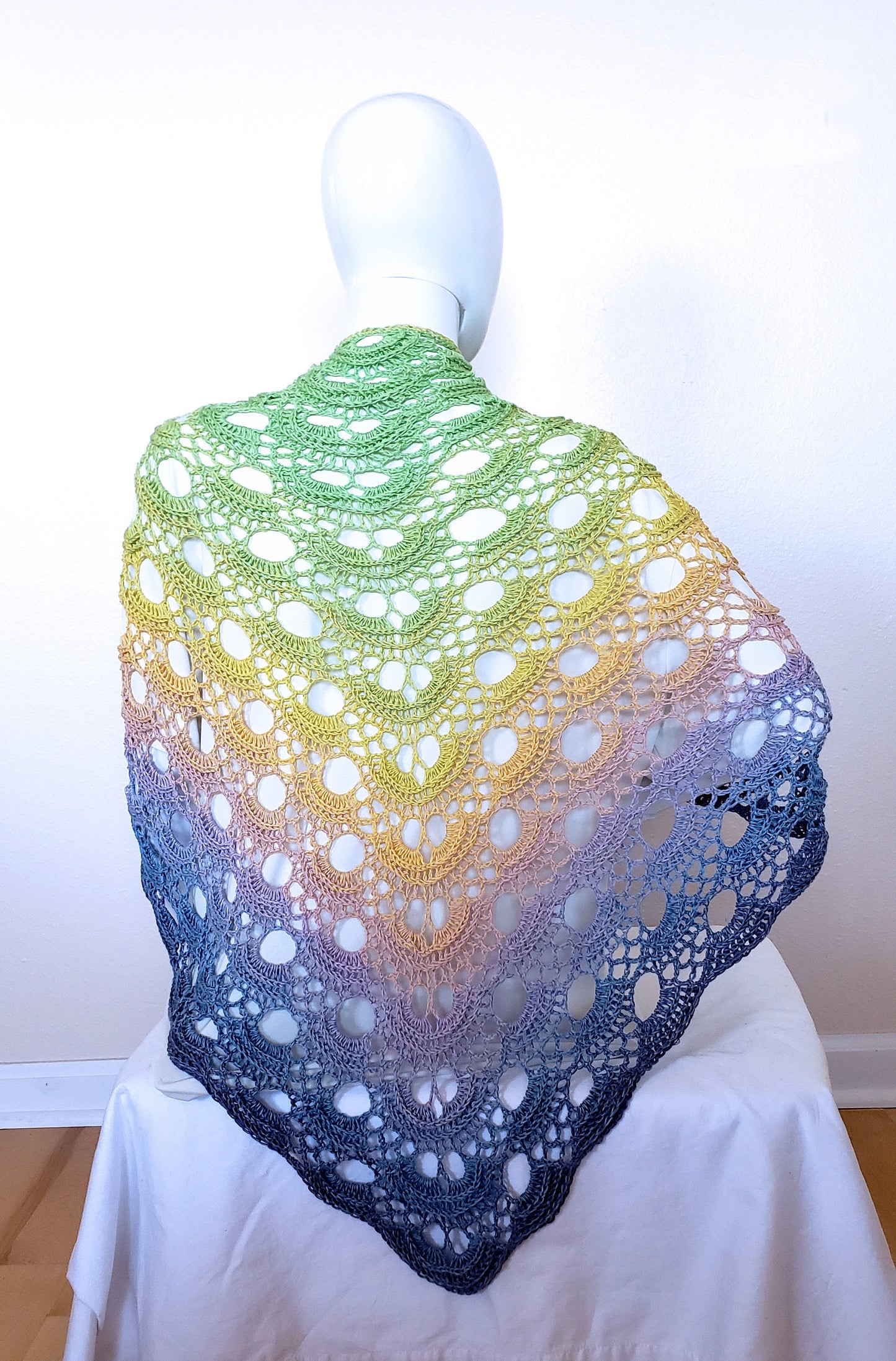 Crochet wrap. Lacy cover up. Triangular shawl. Pastel gradient wrap. Boho shawl. Spring summer accessory. 76 x 34 inches. Gift for her.