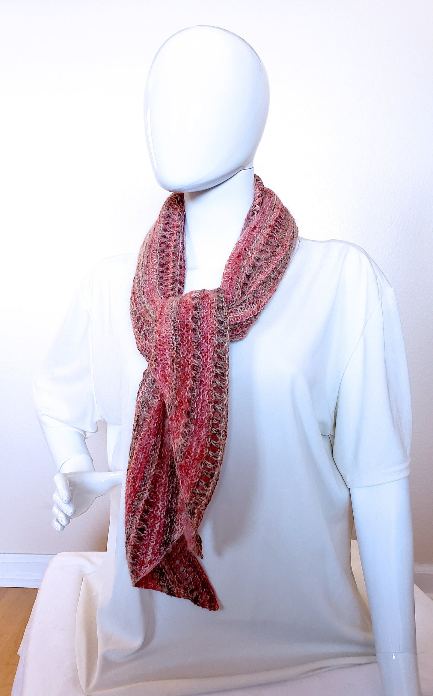 Lacy Semi-circular Shawl. Hand knit shawlette. Pink, brown, coral shawl. Angora blend scarf. Light and Lacy Striped Wrap. Women's Gift.