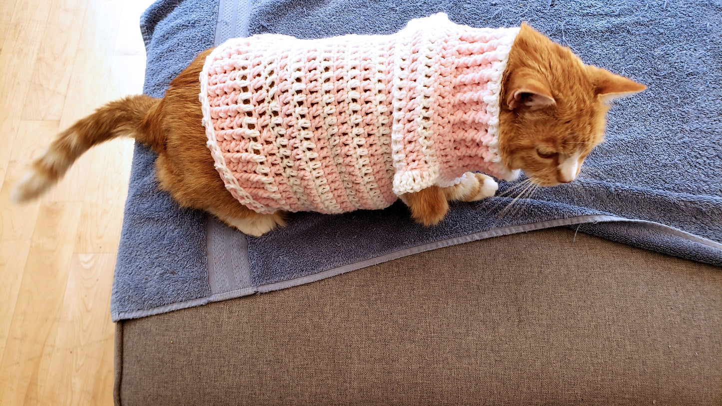 Cat Sweater. Kitty Cozy. Dog Sweater. Pet clothing. Crochet Cat Sweater. Handmade Pet Sweater. Pink and White. Striped Pet Cozy. Pet Gift.