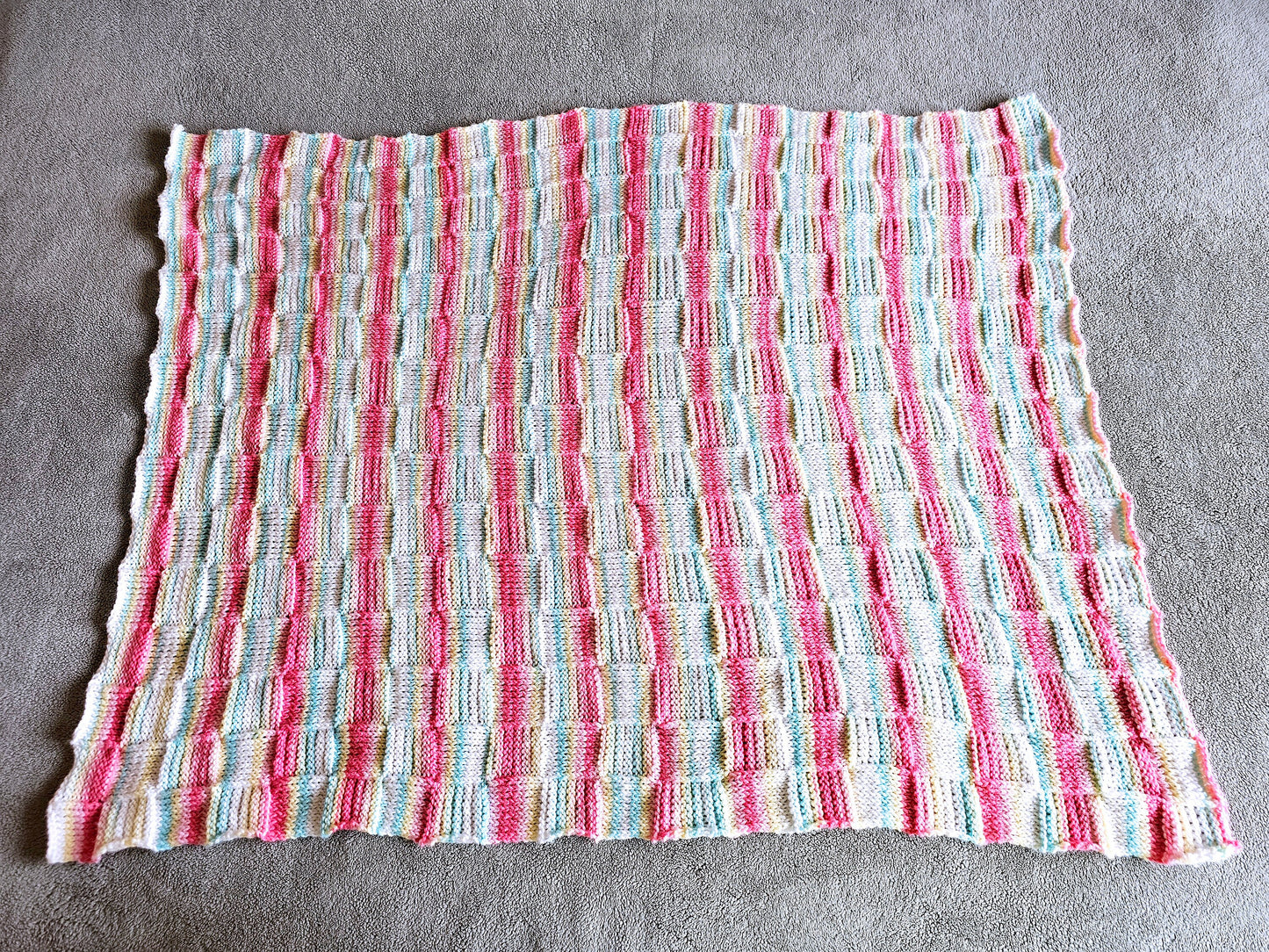 Caribbean Checkerboard Baby Blanket. Hand Knit Afghan. Baby Shower Gift. Cuddly soft blanket. Turquoise, Coral, Pink, White Striped Afghan.