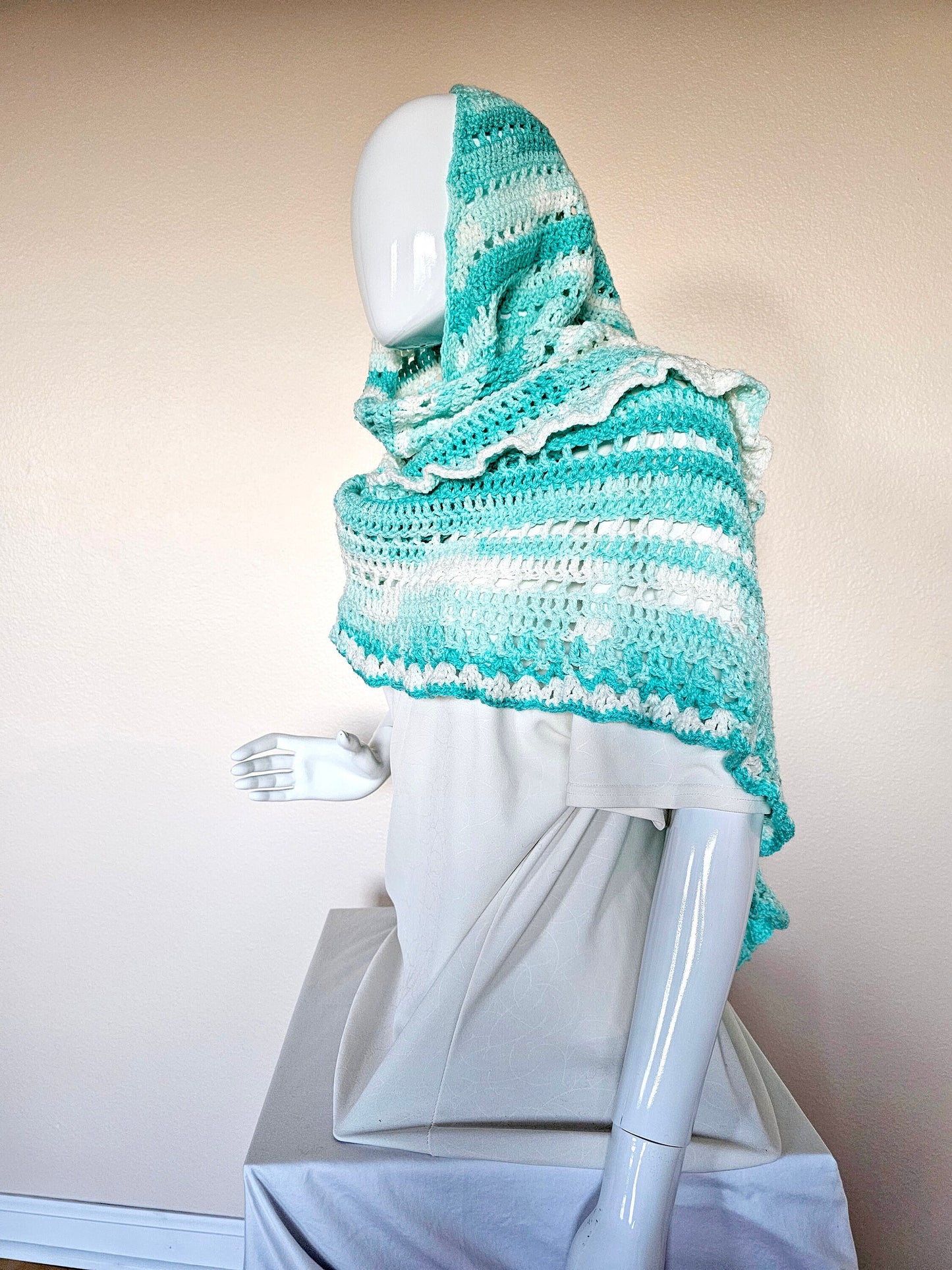 Triangular Shawl. Crochet wrap. 3-Season shawl. Ruffled shawl. Oversize wrap. Gift for Women. Striped Acrylic Wrap. Unique chic shawl.