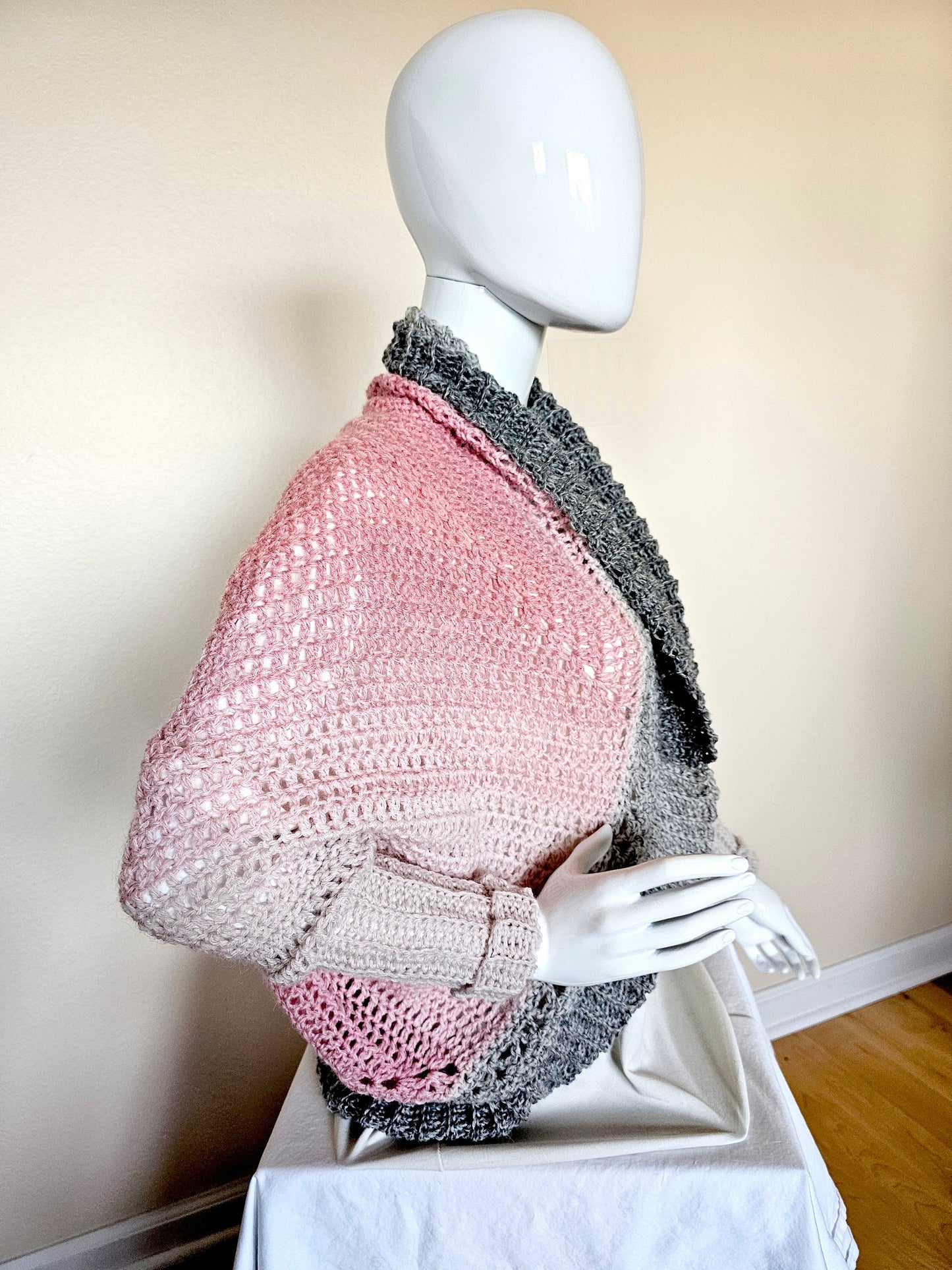 Mandala Cardigan. Crochet Shrug. Cocoon Cardigan. Pink and Gray Sweater. Alpaca Cocoon. Sleeved Shrug. Super Soft Cardigan. Gift for her.