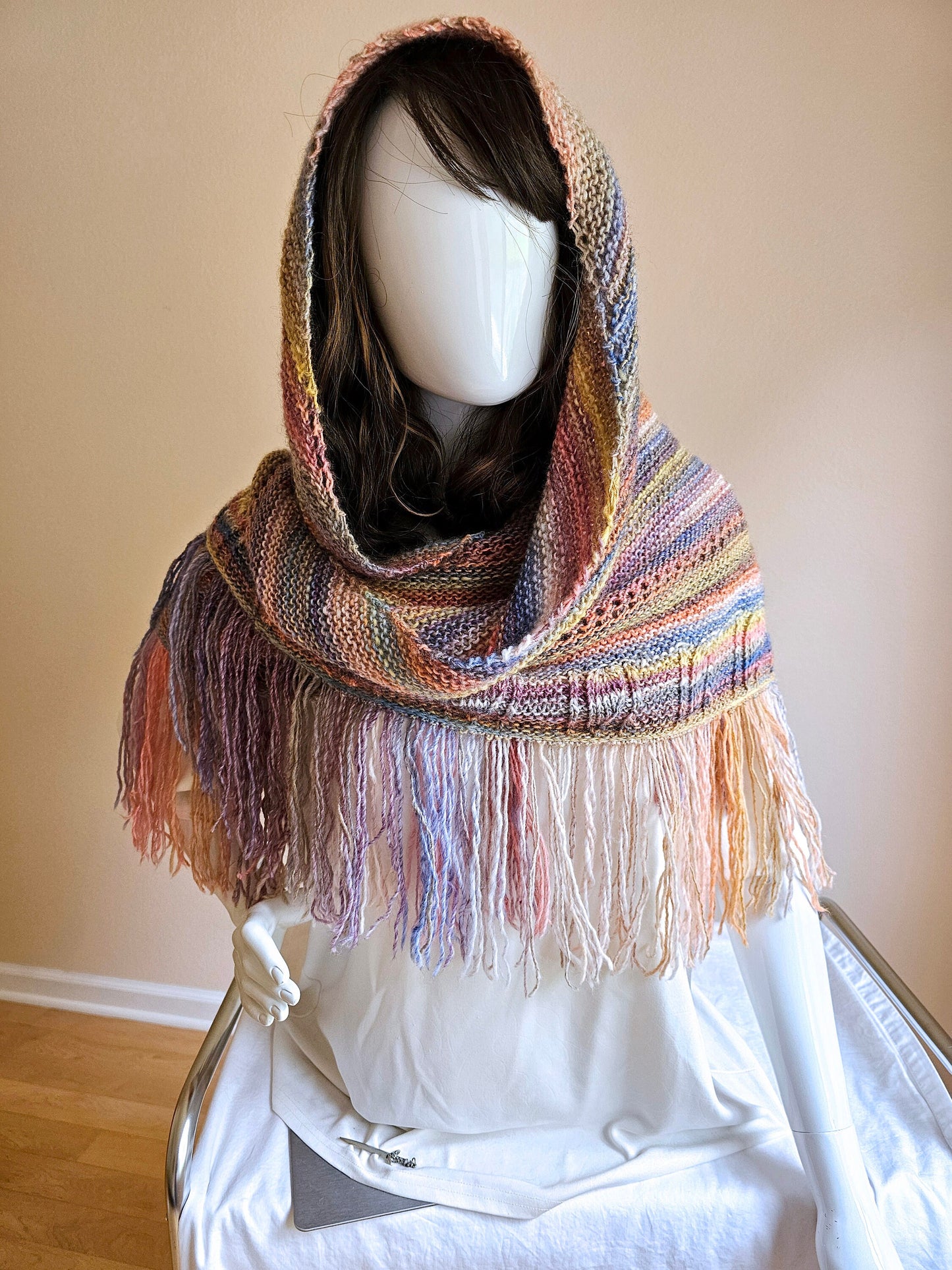 Pastels Triangle Shawl. Fringed Boho Wrap. Textured Wool Shawl. Soft, Cozy Wrap. Handmade Striped Shawl. Knit shoulder wrap. Gift for Her.