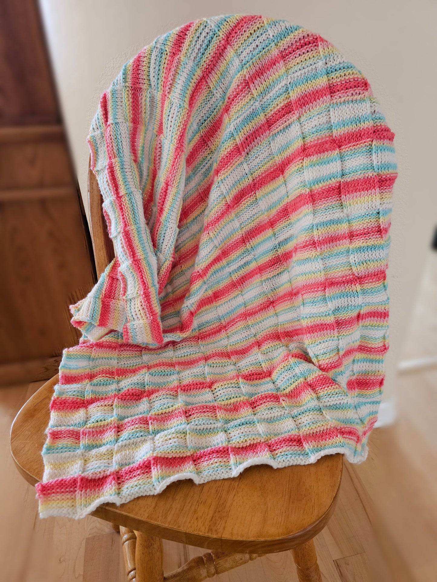 Caribbean Checkerboard Baby Blanket. Hand Knit Afghan. Baby Shower Gift. Cuddly soft blanket. Turquoise, Coral, Pink, White Striped Afghan.