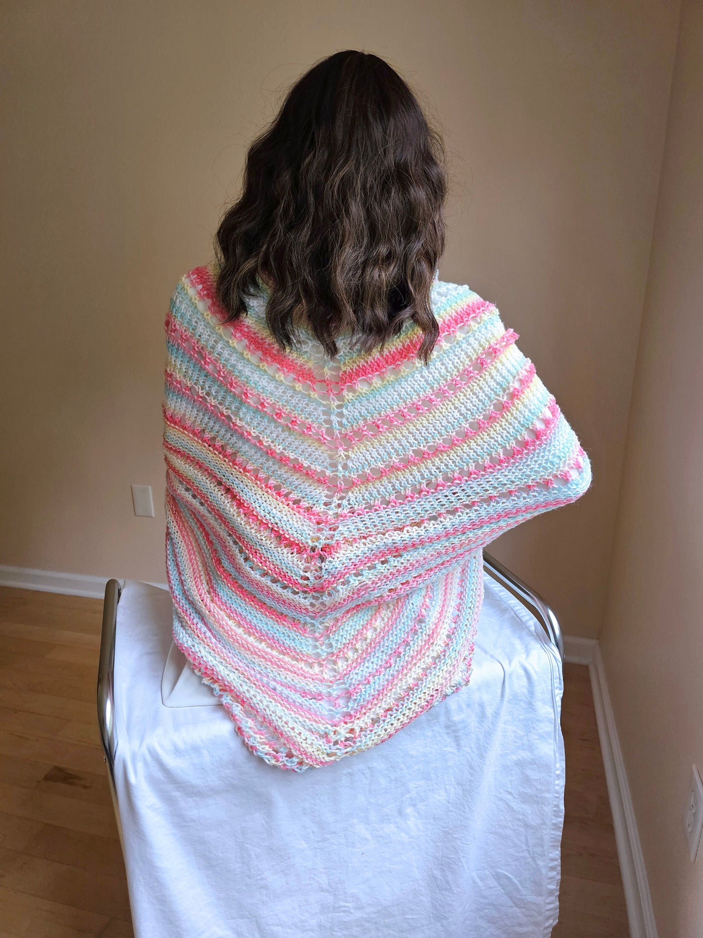 Triangular Shawl. Hand knit shawl. 3-Season shawl. Oversize shawl. Coral and turquoise. Pastel stripes shawl. Knit cover up. Hooded shawl.