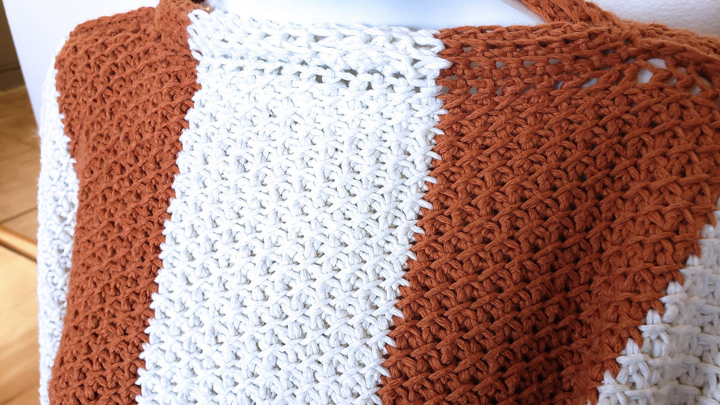 Vertically Striped Pumpkin and Cream poncho. Textured crochet wrap. Unisex 3-season coverup. Adult size poncho. Handmade Boho Wrap.