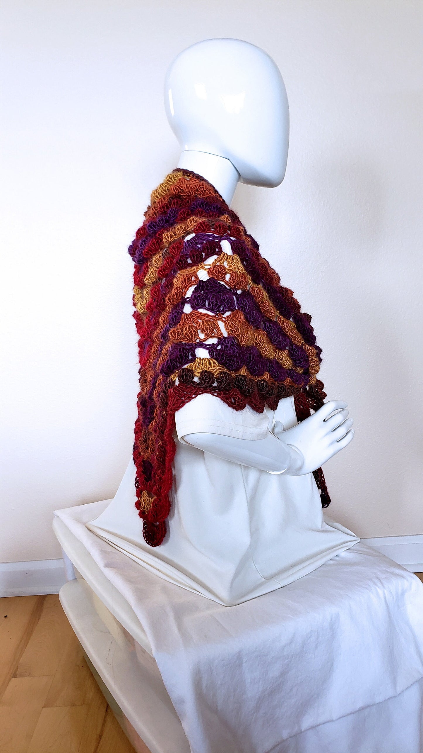 Triangular Shawl. Crochet wrap. 3-Season shawl. Textured shawl. Oversize wrap. Gift for Women. Lacy Multicolor Wrap. Unique chic shawl.