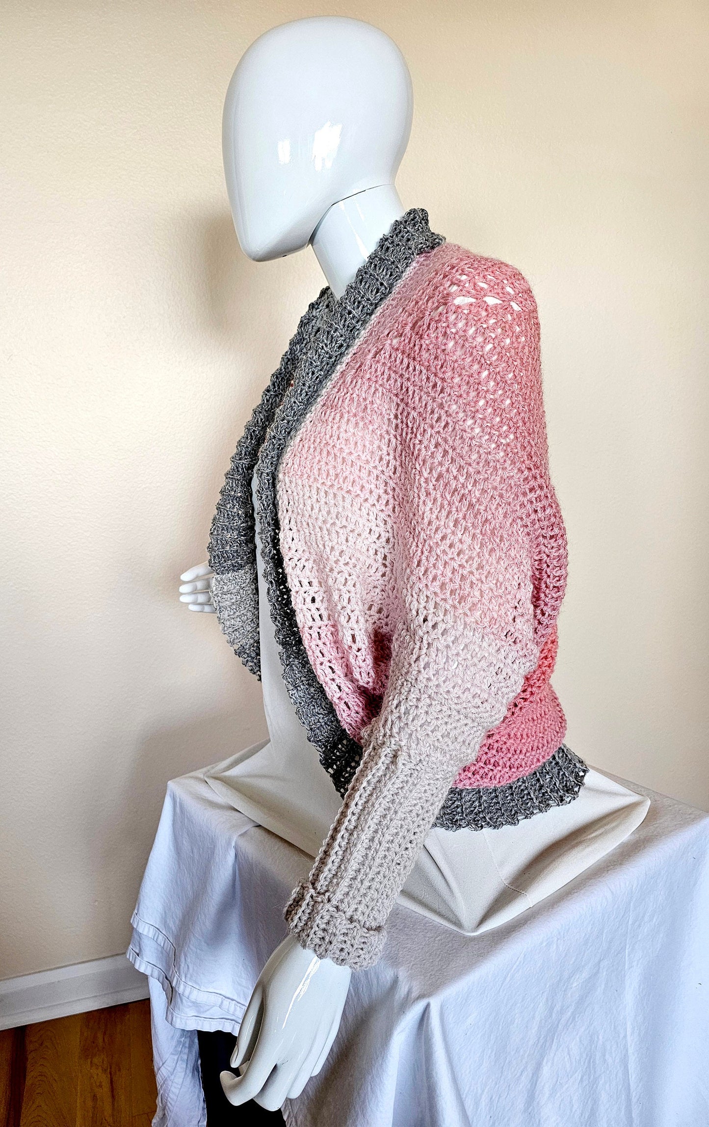 Mandala Cardigan. Crochet Shrug. Cocoon Cardigan. Pink and Gray Sweater. Alpaca Cocoon. Sleeved Shrug. Super Soft Cardigan. Gift for her.