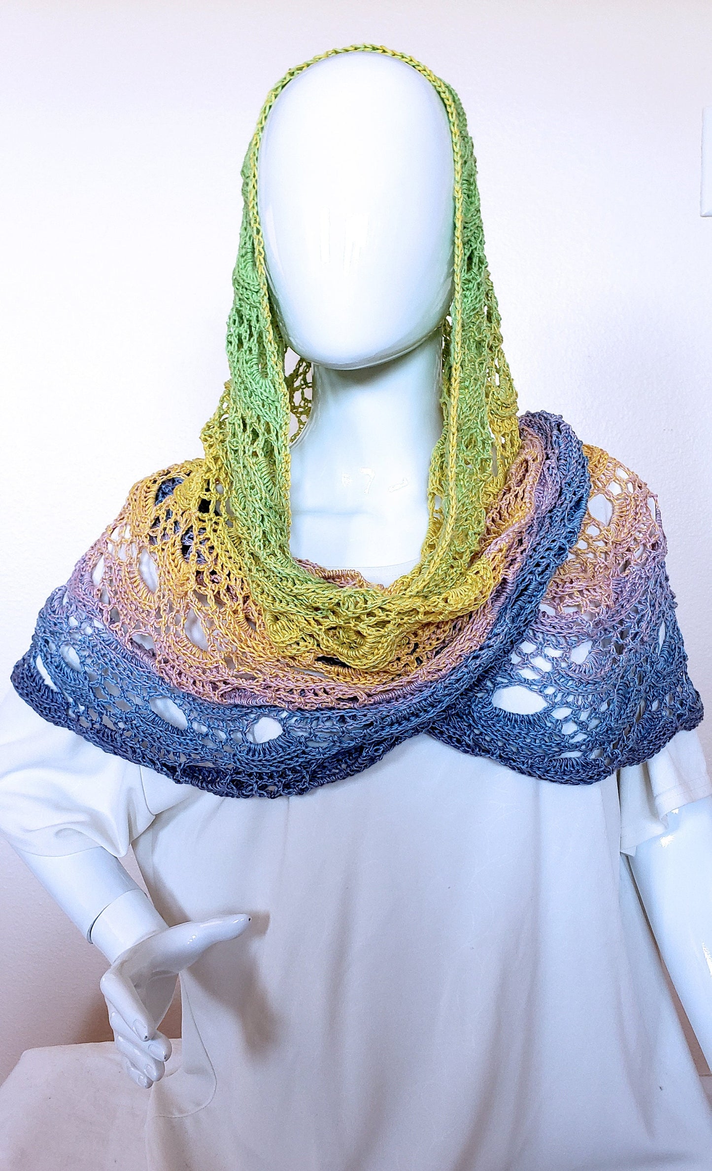 Crochet wrap. Lacy cover up. Triangular shawl. Pastel gradient wrap. Boho shawl. Spring summer accessory. 76 x 34 inches. Gift for her.