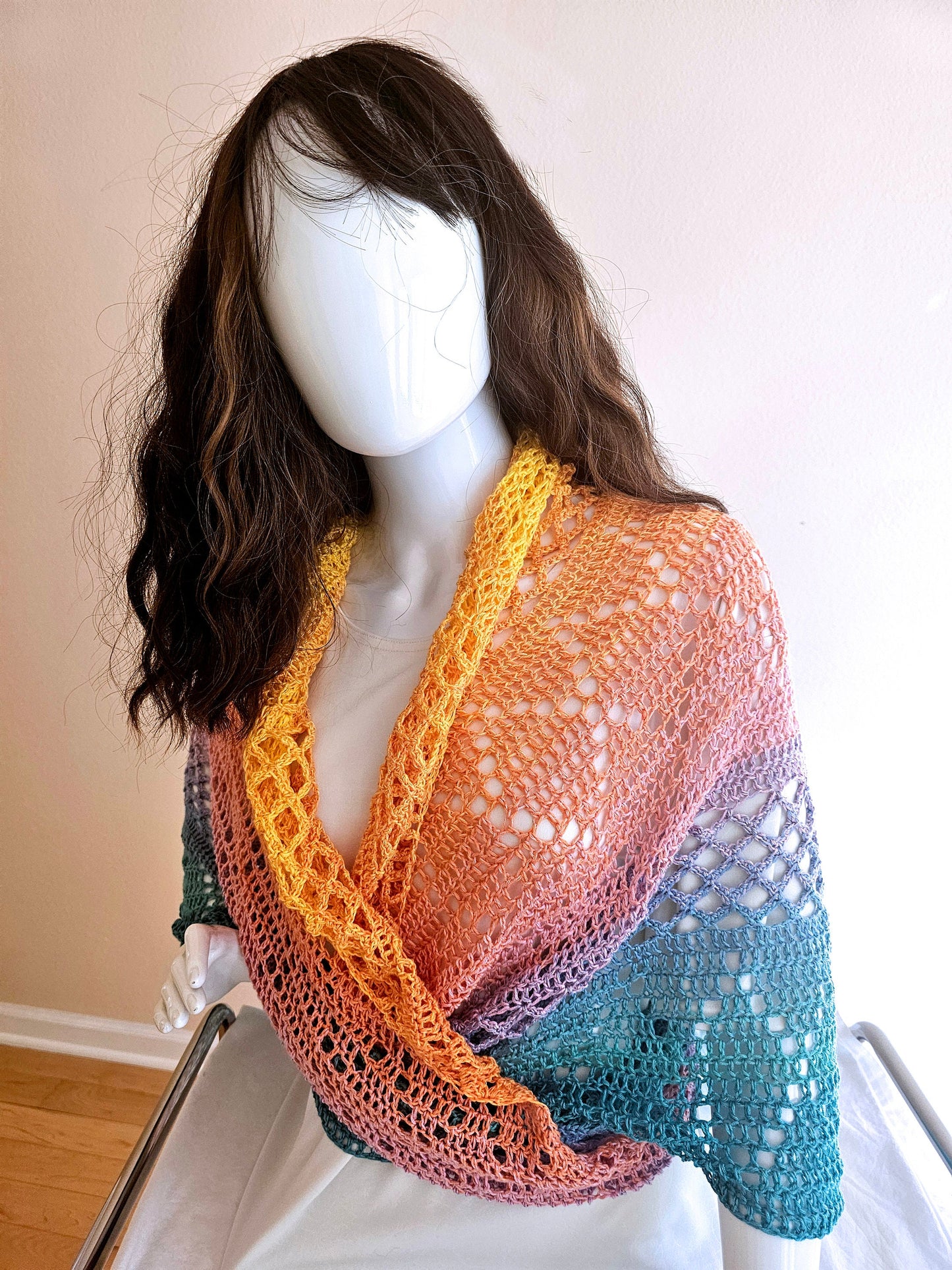 Oversize Crochet Shawl. Tropical Colors Wrap. Lacy Beach Coverup. Gift for Her. Cotton Blend Shawl. Handcrafted Summer Wrap. Triangle Shawl.