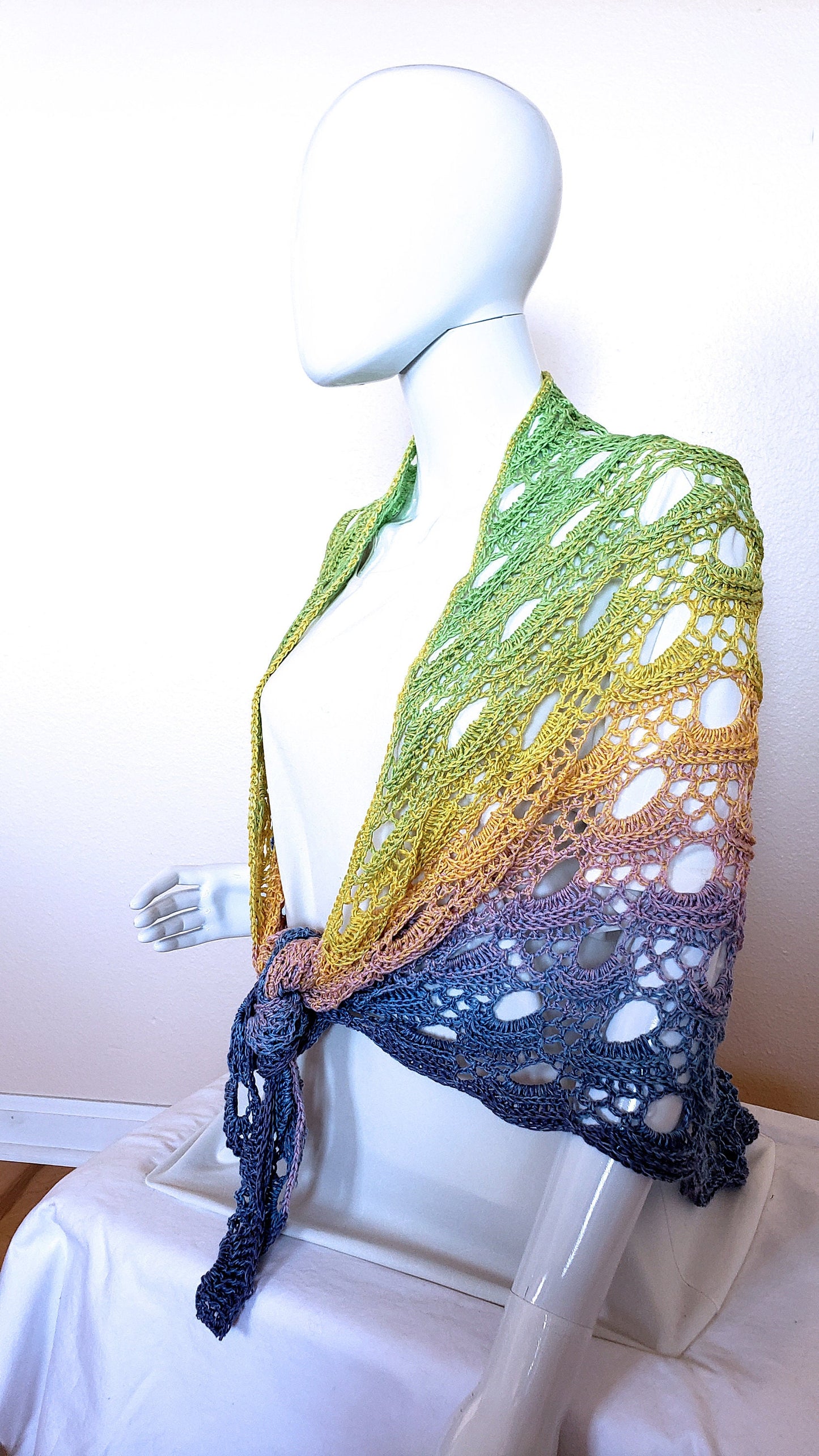 Crochet wrap. Lacy cover up. Triangular shawl. Pastel gradient wrap. Boho shawl. Spring summer accessory. 76 x 34 inches. Gift for her.