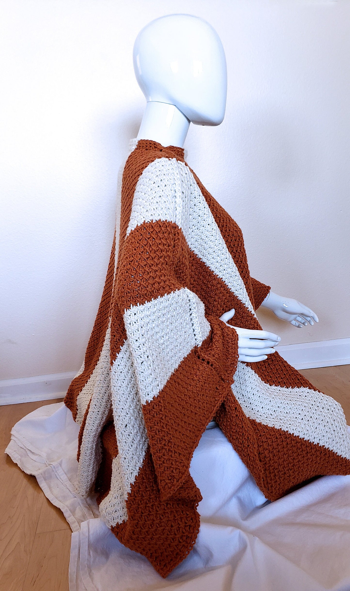 Vertically Striped Pumpkin and Cream poncho. Textured crochet wrap. Unisex 3-season coverup. Adult size poncho. Handmade Boho Wrap.