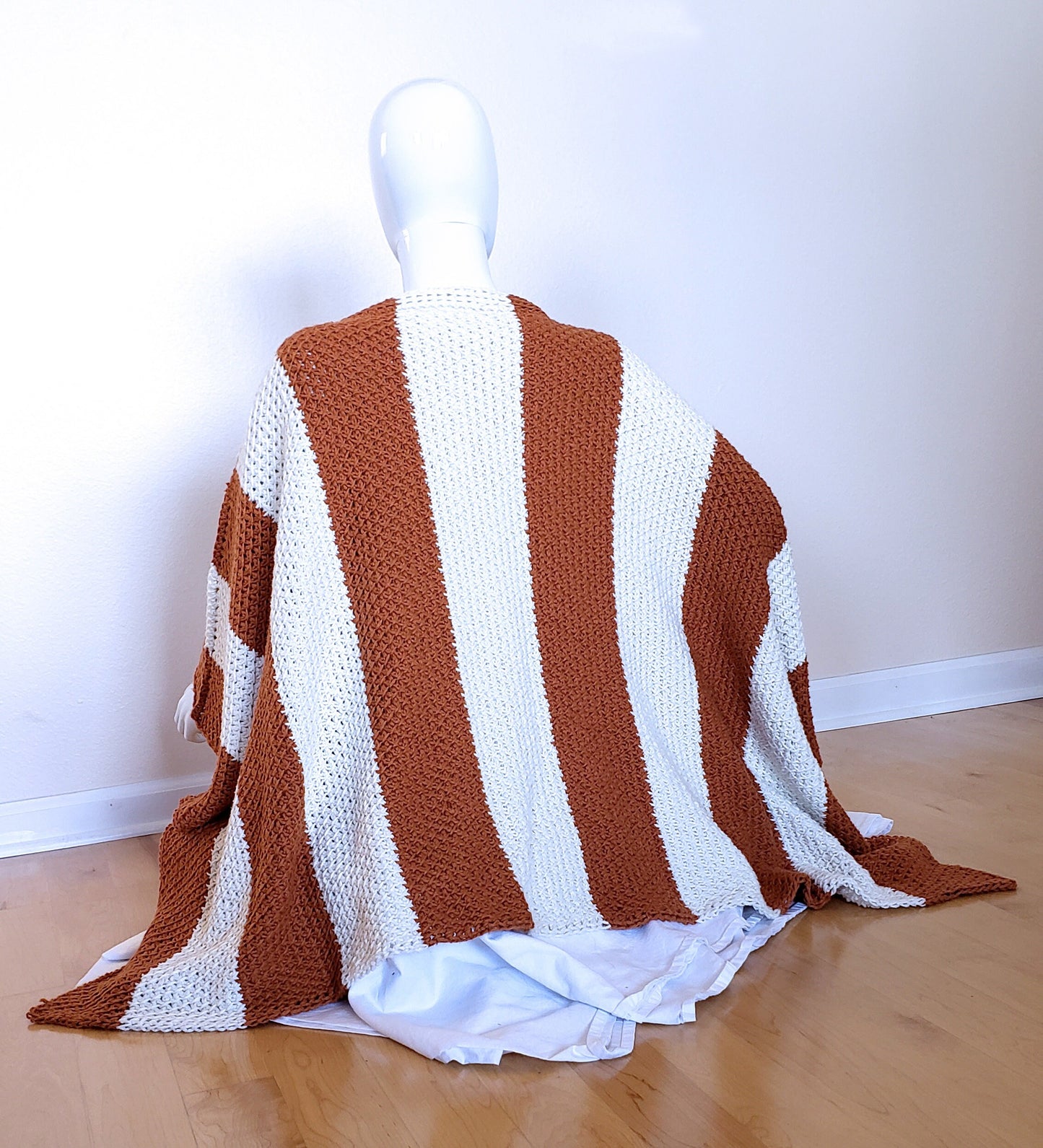 Vertically Striped Pumpkin and Cream poncho. Textured crochet wrap. Unisex 3-season coverup. Adult size poncho. Handmade Boho Wrap.