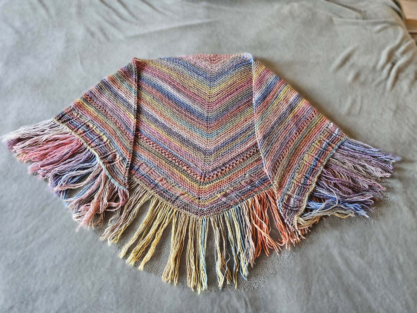 Pastels Triangle Shawl. Fringed Boho Wrap. Textured Wool Shawl. Soft, Cozy Wrap. Handmade Striped Shawl. Knit shoulder wrap. Gift for Her.