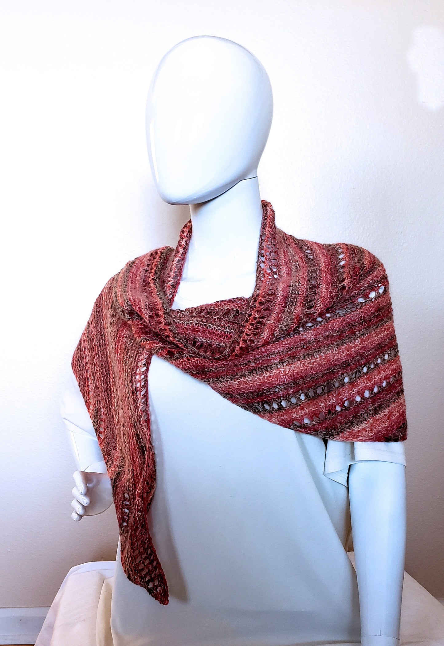 Lacy Semi-circular Shawl. Hand knit shawlette. Pink, brown, coral shawl. Angora blend scarf. Light and Lacy Striped Wrap. Women's Gift.