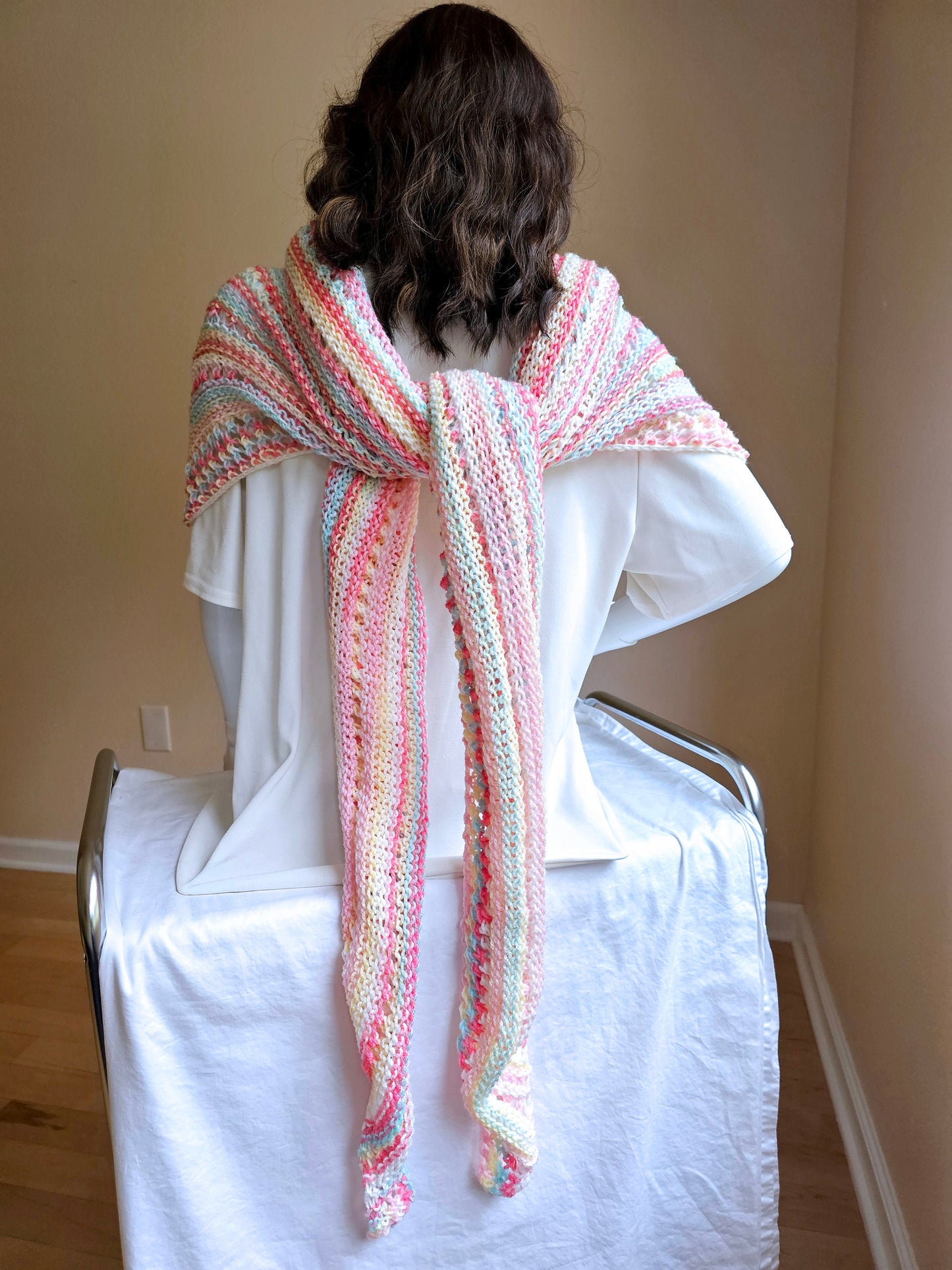 Triangular Shawl. Hand knit shawl. 3-Season shawl. Oversize shawl. Coral and turquoise. Pastel stripes shawl. Knit cover up. Hooded shawl.