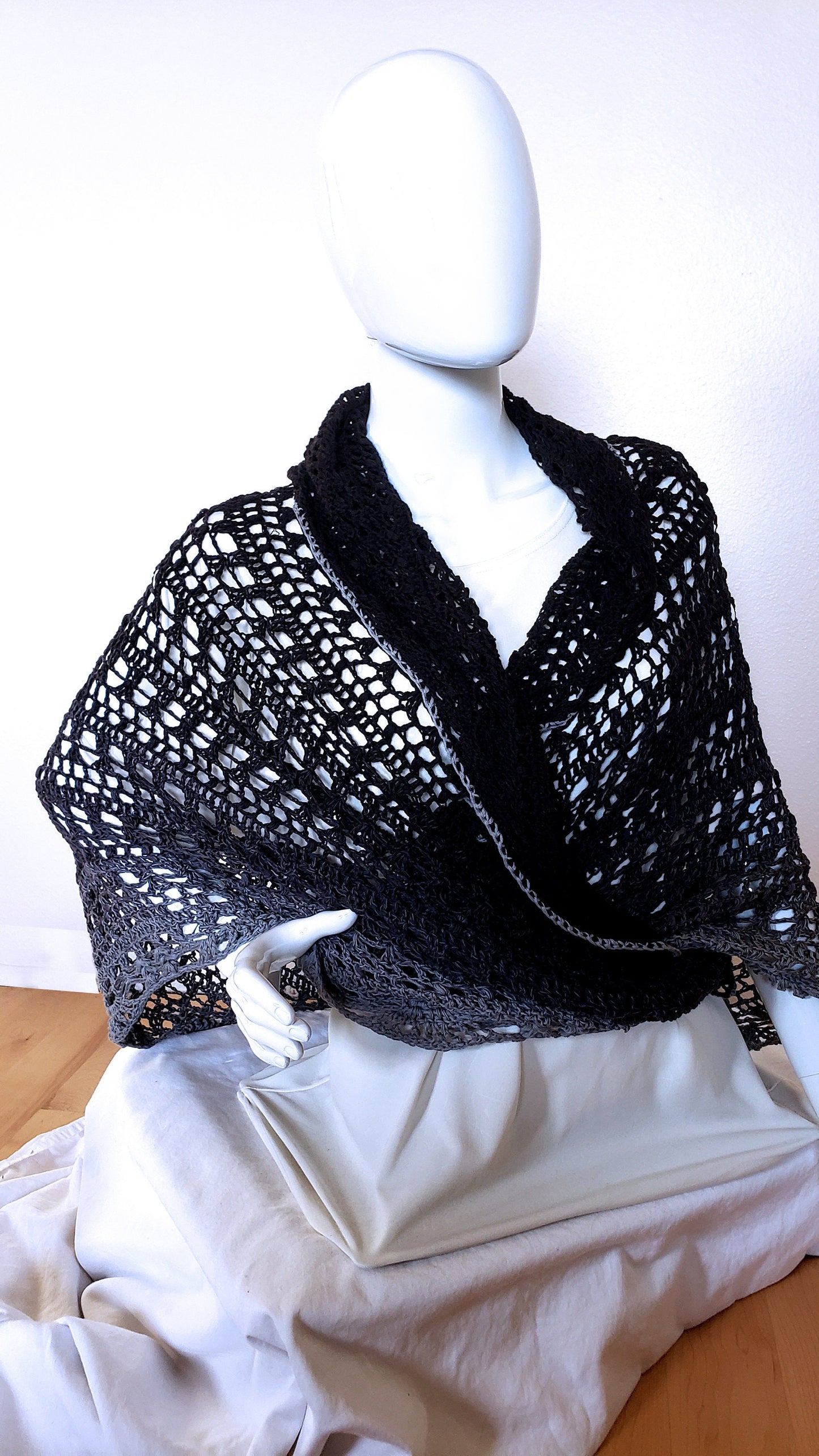 Crochet wrap. Black gray gradient. Triangular shawl. Monochrome shawl. Boho bridal shawl. Spring summer shawl. 108 x 46 inches. Women's wrap