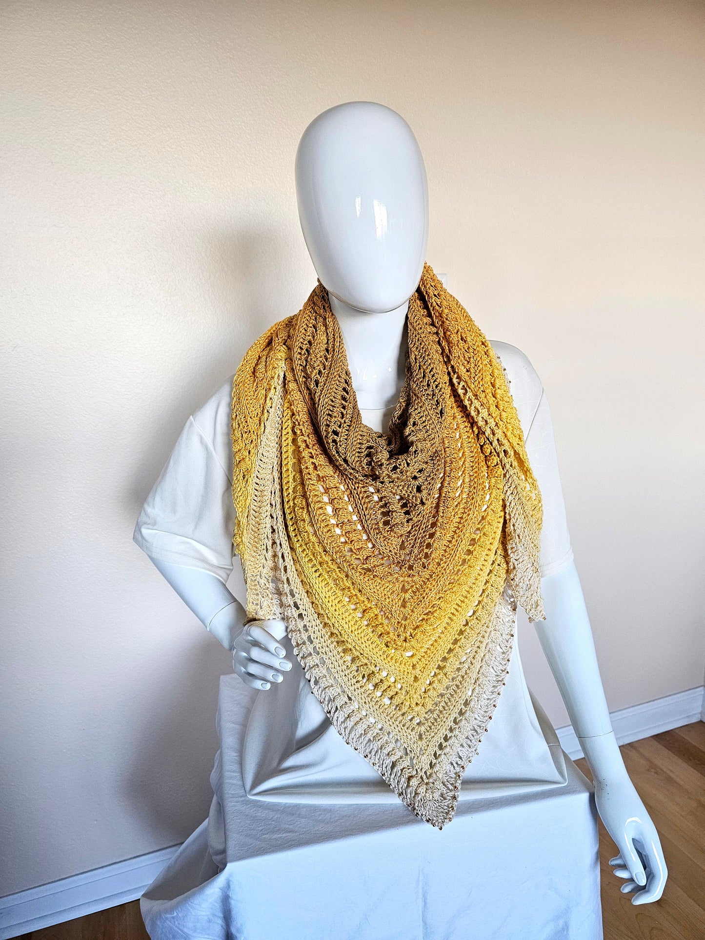 Hand Crochet Wrap. Wedding shawl. Bridesmaid wrap. Prom accessory. Beaded shawl. Princess wrap. Bridal stole. Gift for her. Gold and Cream.
