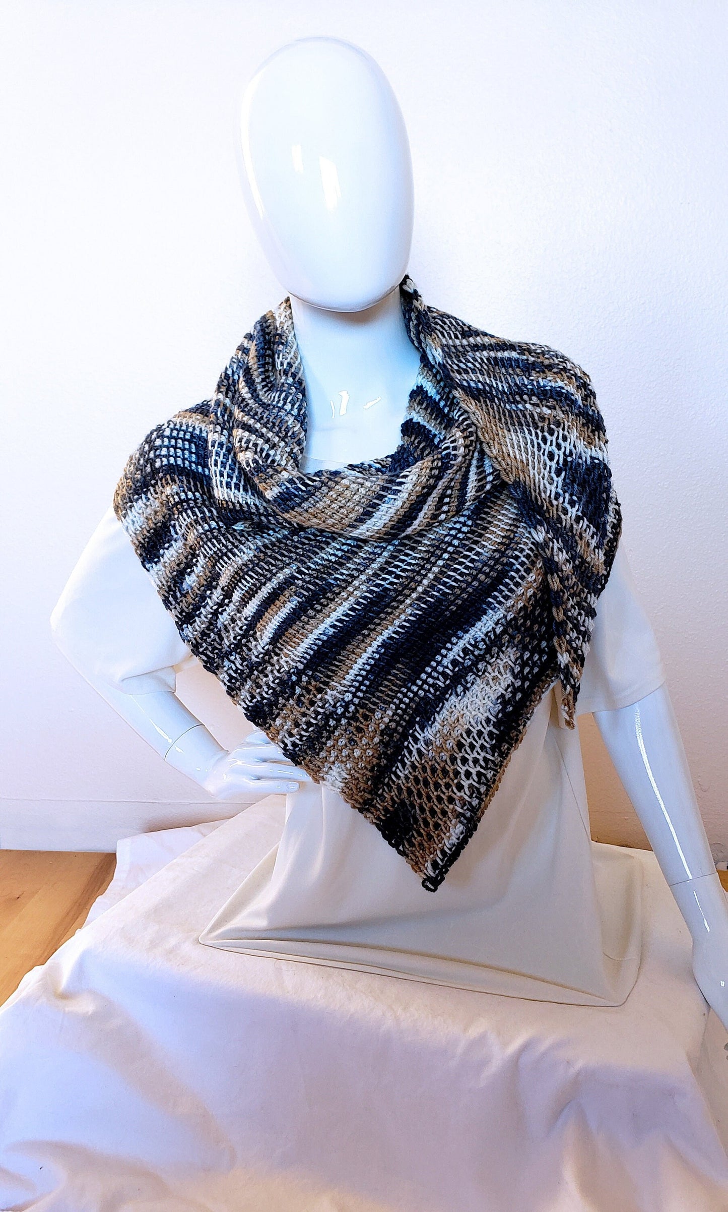 Wool Silk Shawl. Black Gold and Cream. Kerchief wrap. Textured shawl. Silk winter scarf. Gifts for her. Shawl scarf. Tunisian Crochet.