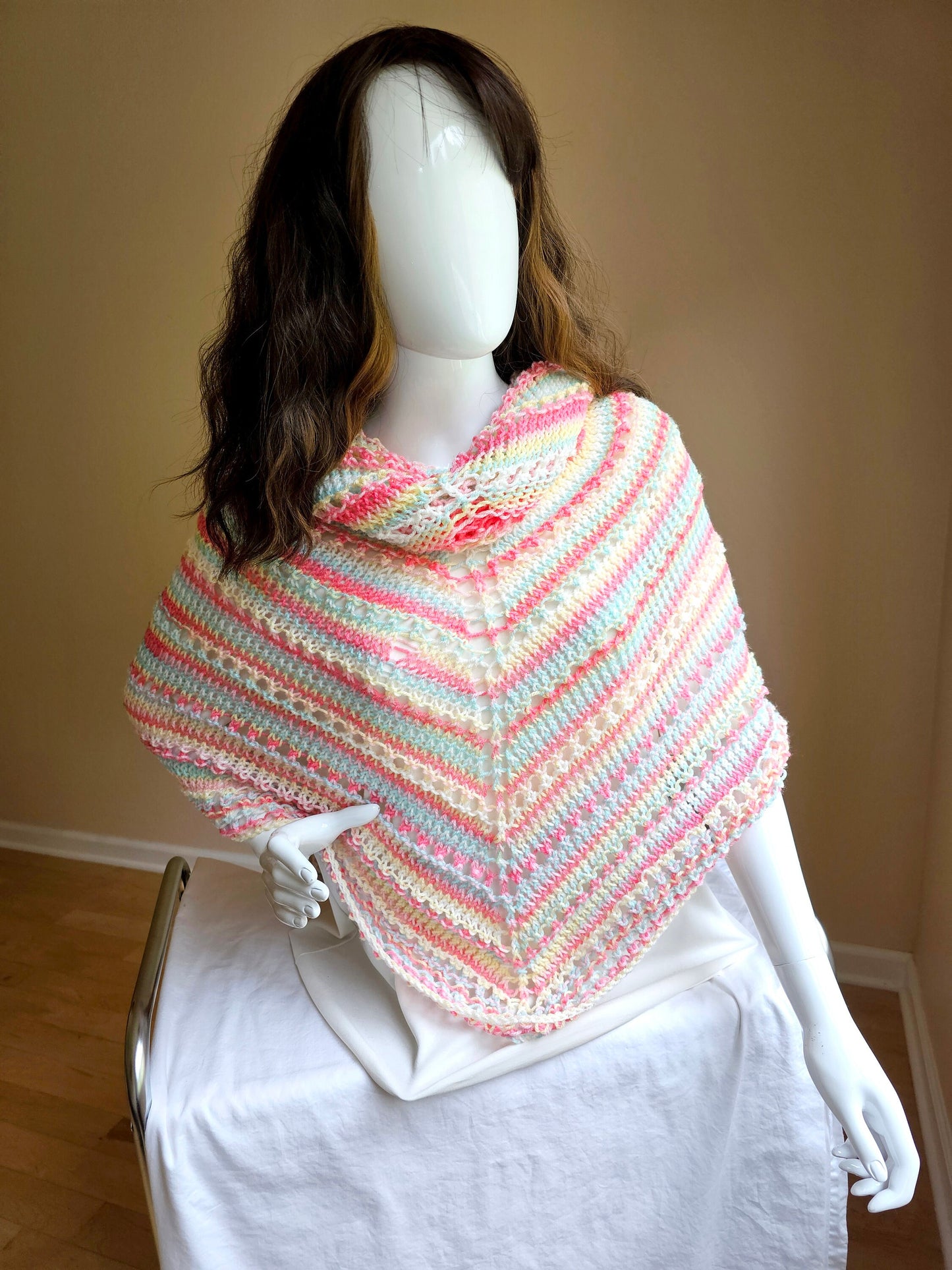 Triangular Shawl. Hand knit shawl. 3-Season shawl. Oversize shawl. Coral and turquoise. Pastel stripes shawl. Knit cover up. Hooded shawl.