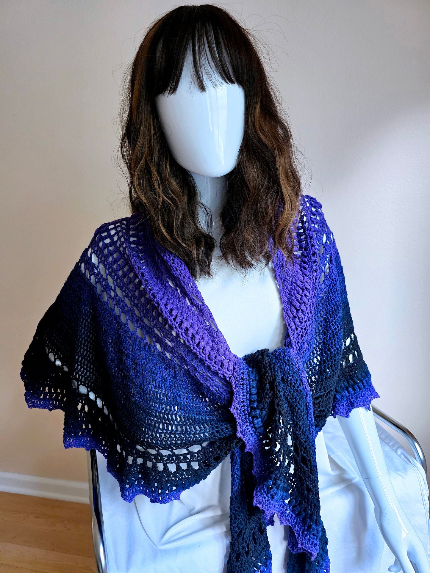 Triangular Shawl. Crochet Cotton Wrap. Large shawl. Winter scarf cotton. Whimsigoth wrap. Three season shawl. Gift for Her. Purple Black.