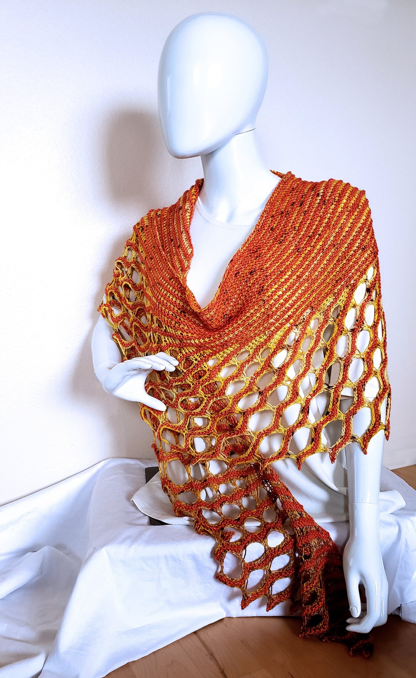 Elegant Tangerine Wrap. Hand Knit Stole. Unique Dressy Shawl. Summer Spring Accessories. Honeycomb Shawl. Angel Wings Wrap. Gifts for Her.