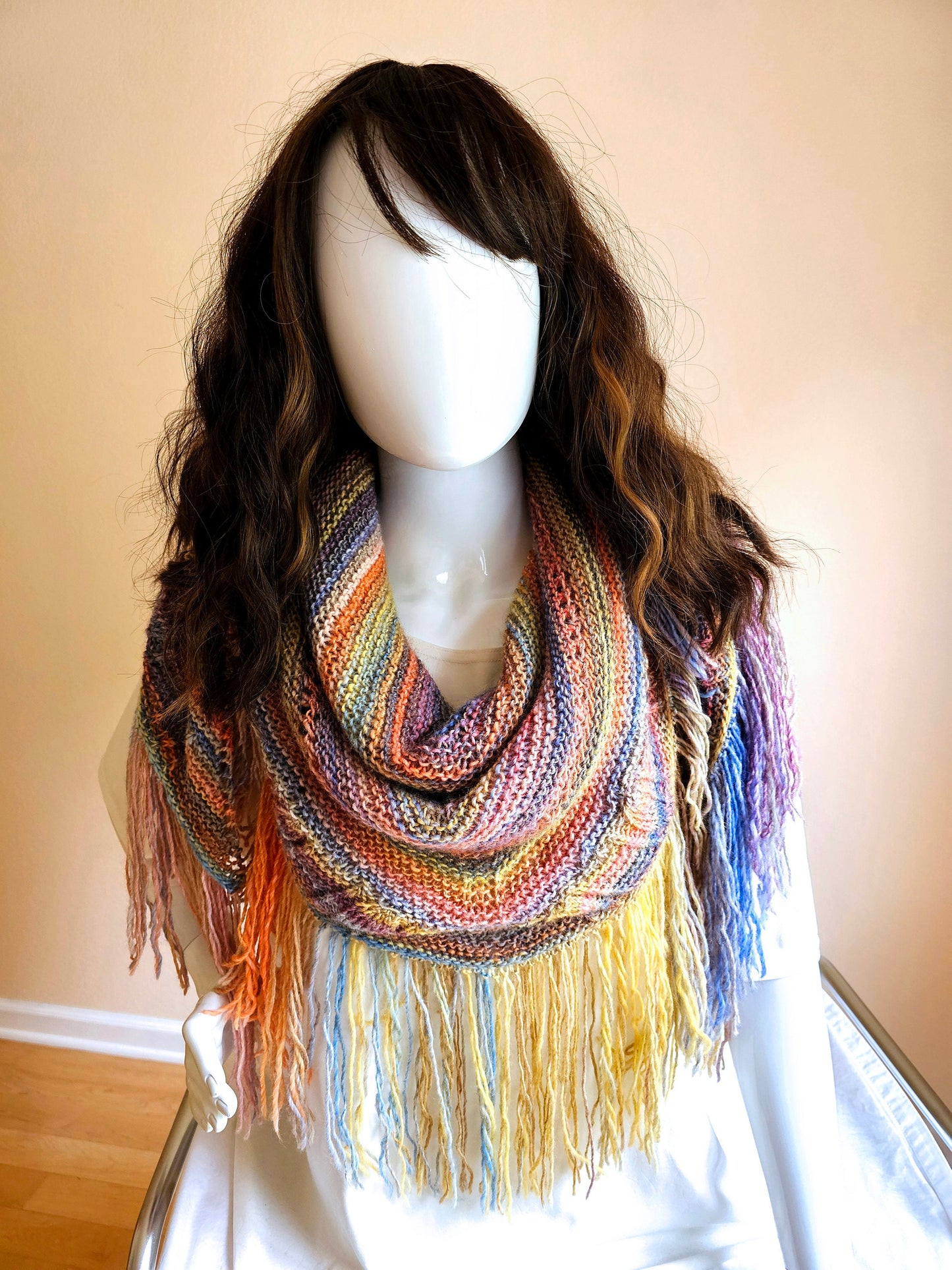 Pastels Triangle Shawl. Fringed Boho Wrap. Textured Wool Shawl. Soft, Cozy Wrap. Handmade Striped Shawl. Knit shoulder wrap. Gift for Her.