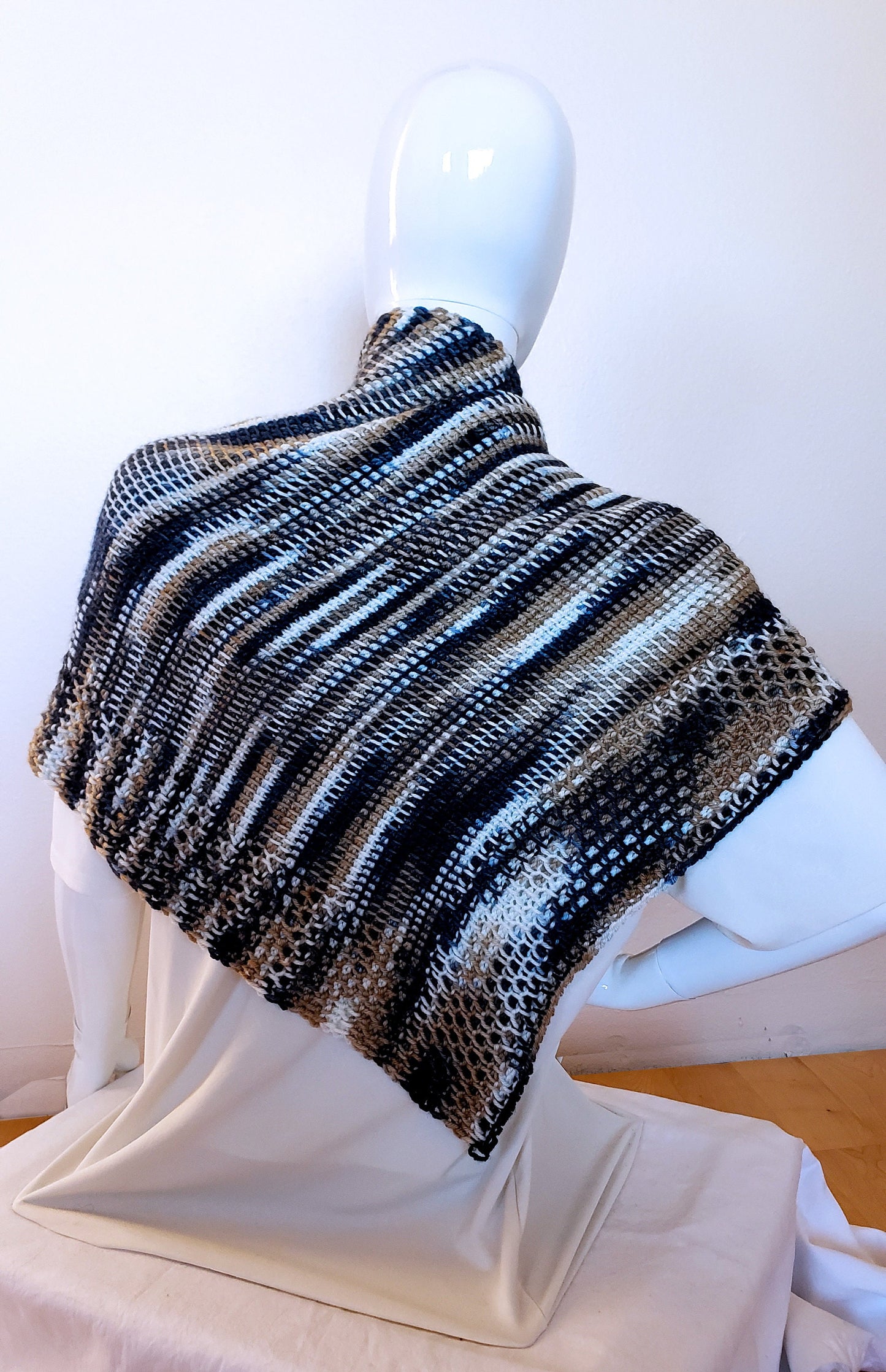 Wool Silk Shawl. Black Gold and Cream. Kerchief wrap. Textured shawl. Silk winter scarf. Gifts for her. Shawl scarf. Tunisian Crochet.