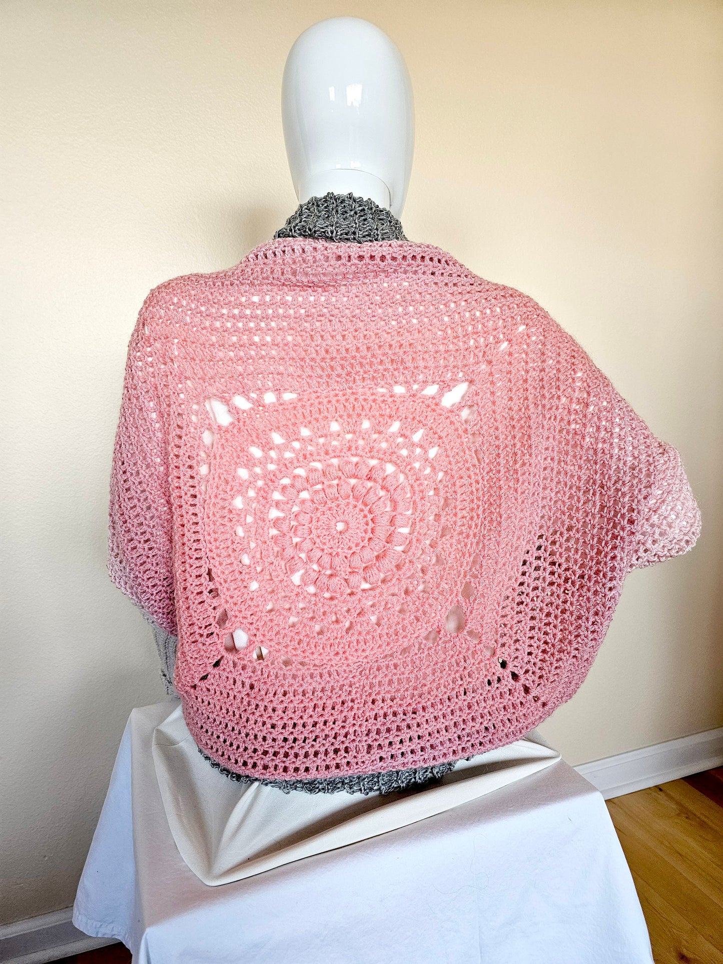 Mandala Cardigan. Crochet Shrug. Cocoon Cardigan. Pink and Gray Sweater. Alpaca Cocoon. Sleeved Shrug. Super Soft Cardigan. Gift for her.
