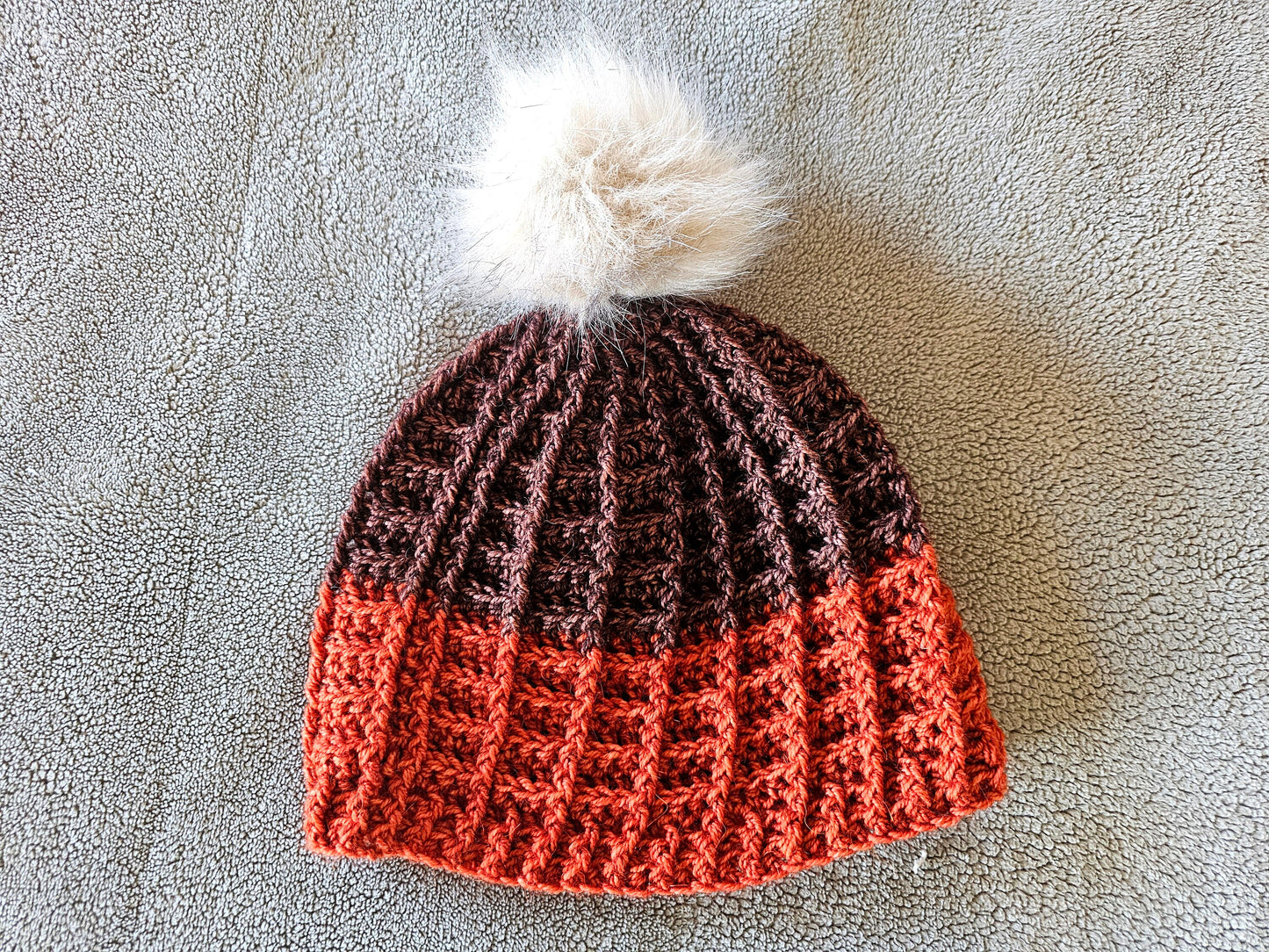 Waffle Stitch Winter Beanie. Orange & Brown Stocking Cap. Unisex Winter Hat. Pom Pom Beanie. Adult Wool Alpaca Hat. Textured Crochet Beanie.