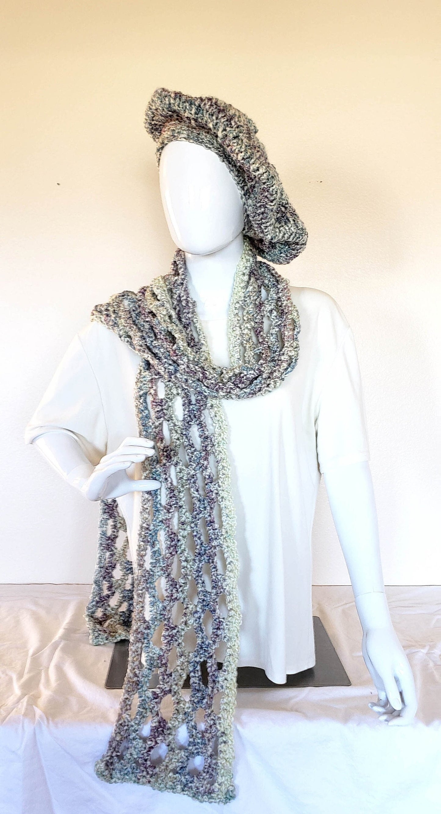 Hand Crochet 3-Season Scarf and Beret Set. Medium chunky weight. Gift for Women. Birthday gift. Boho hat and scarf. Cream, Rose, and Teal.