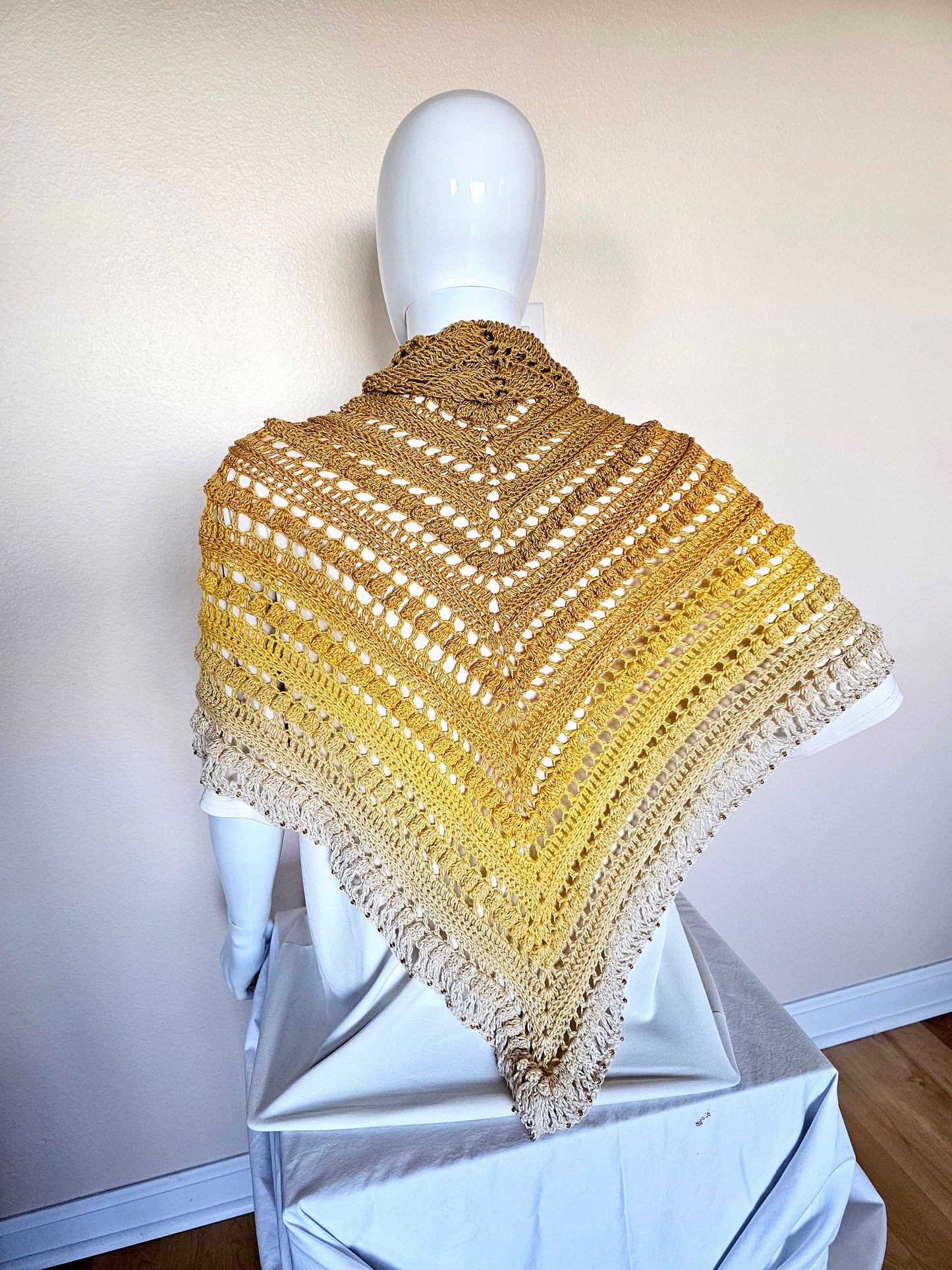 Hand Crochet Wrap. Wedding shawl. Bridesmaid wrap. Prom accessory. Beaded shawl. Princess wrap. Bridal stole. Gift for her. Gold and Cream.